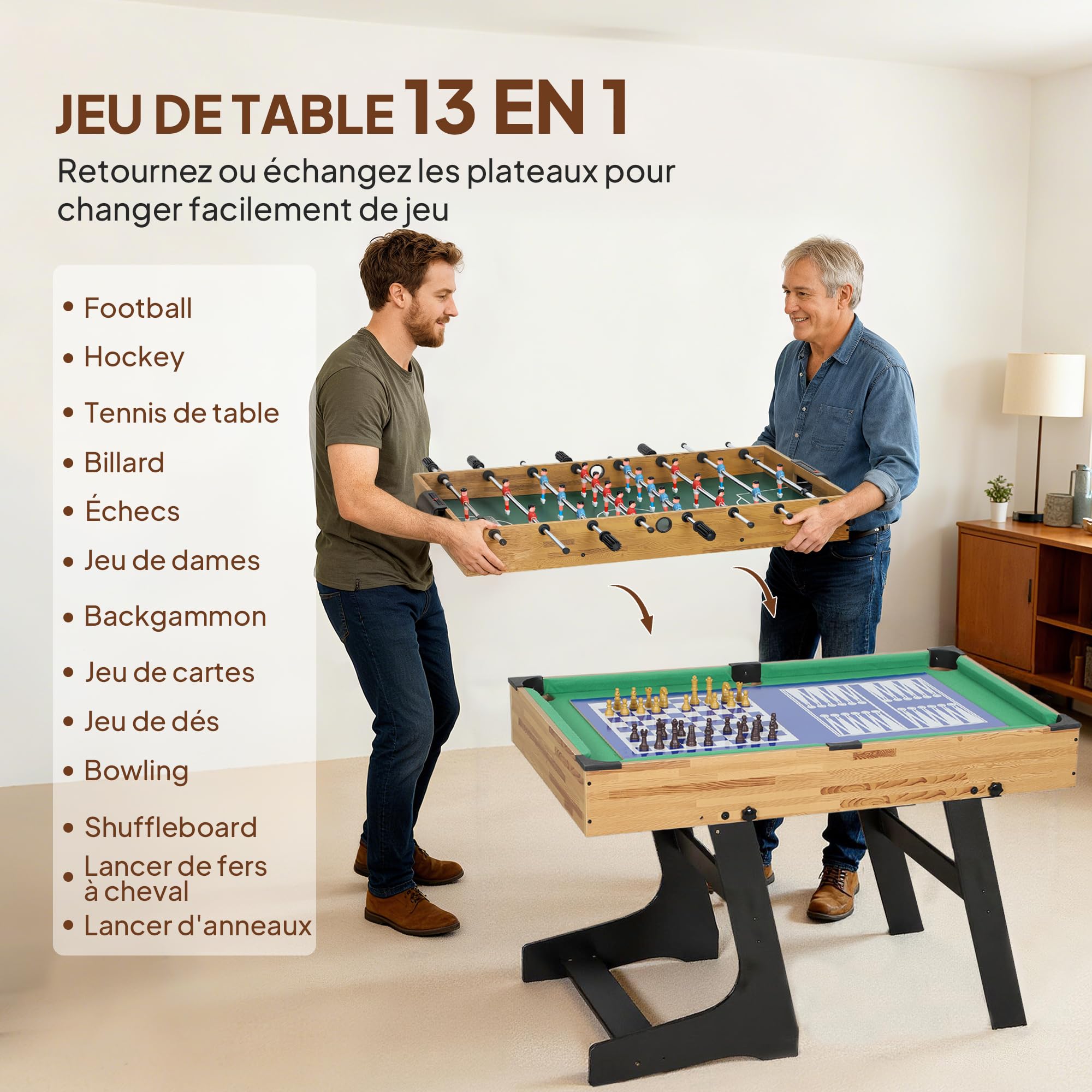SPORTNOW Table Multijeux 13 en 1 Pliable 120 x 106 x 82 cm Noyer Clair