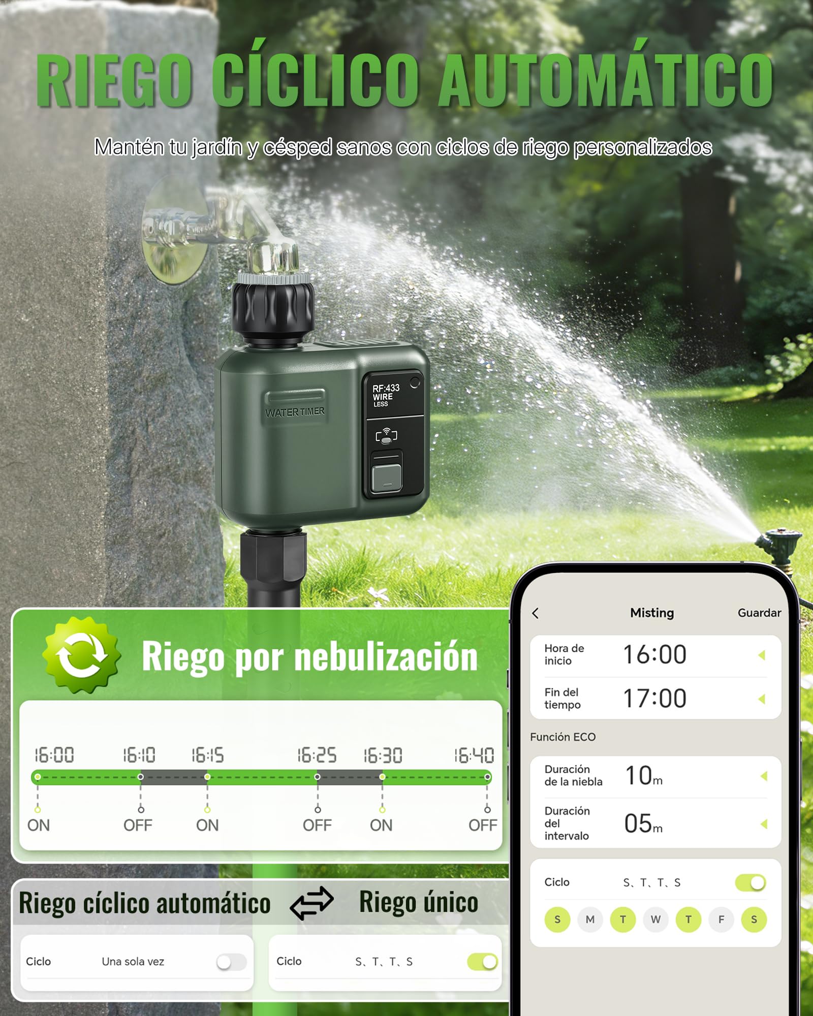 Ordenador de Riego WiFi, Temporizador de Manguera, Programador de Aspersores, Riego Inteligente, Modo Automático y Manual, Alcance 300 m, para Jardín, Césped, Terraza, Verde Oscuro ZD31WTD06