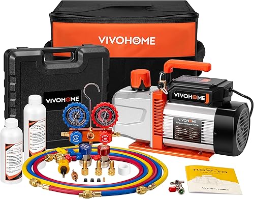 VIVOHOME Serie VG - Juego de bomba de vacío de CA y medidor, bomba de vacío HVAC de 2 etapas 12 HP 5CFM y kit de manómetro de colector de 3 vías con