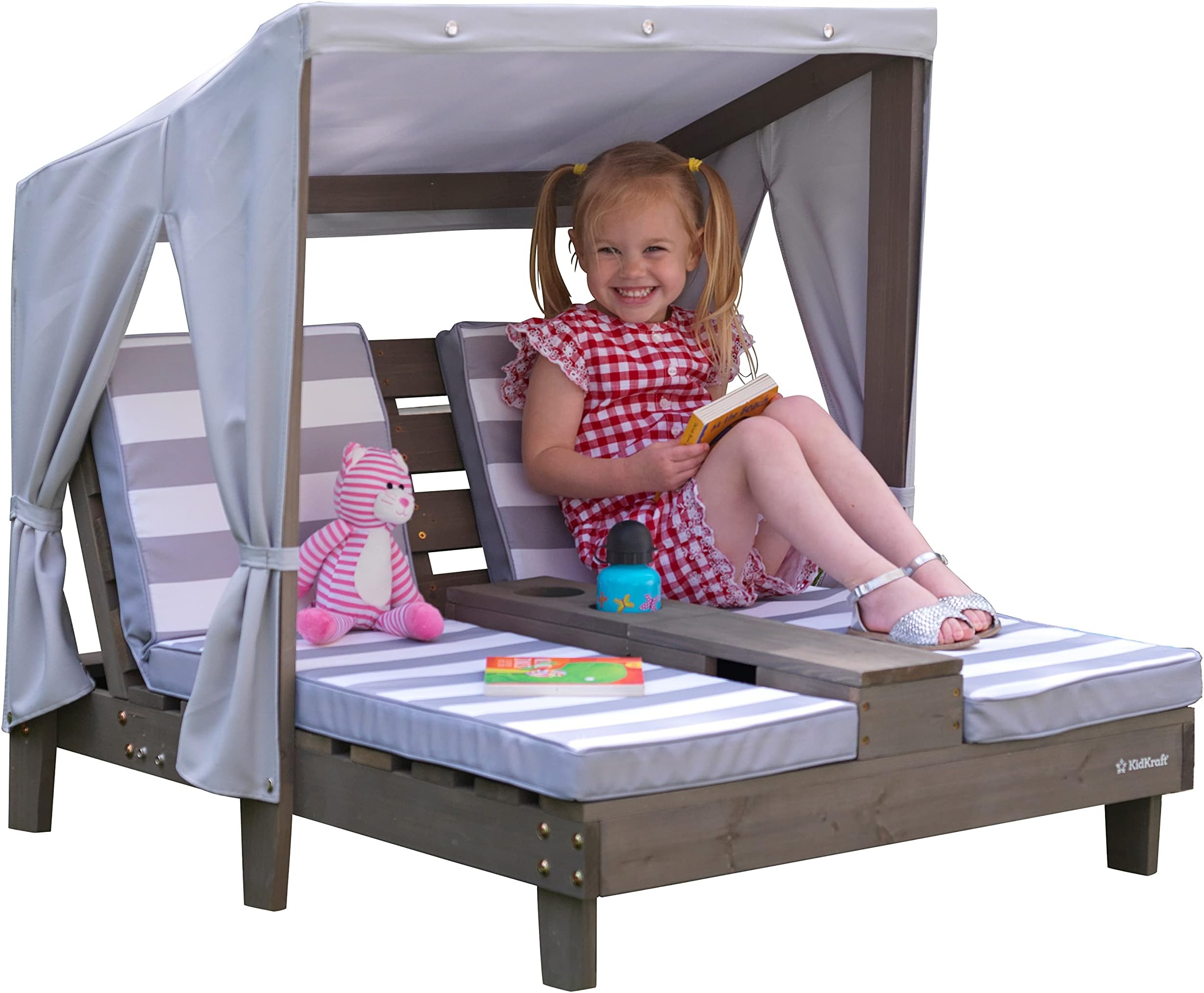 KidKraft Wooden Outdoor Double Chaise Lounge with Cup Holders and Cushions, Kid's Patio Furniture, Gray