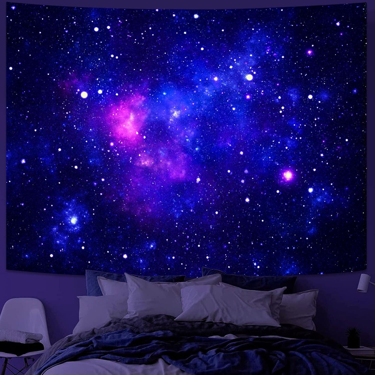 Faxdong Blacklight Galaxy Universe Space Tapestry, UV Reactive Starry Night Sky Mysterious Nebula Stars Ceiling tapestries for Bedroom Backdrop Wall Decor 68×90 inch