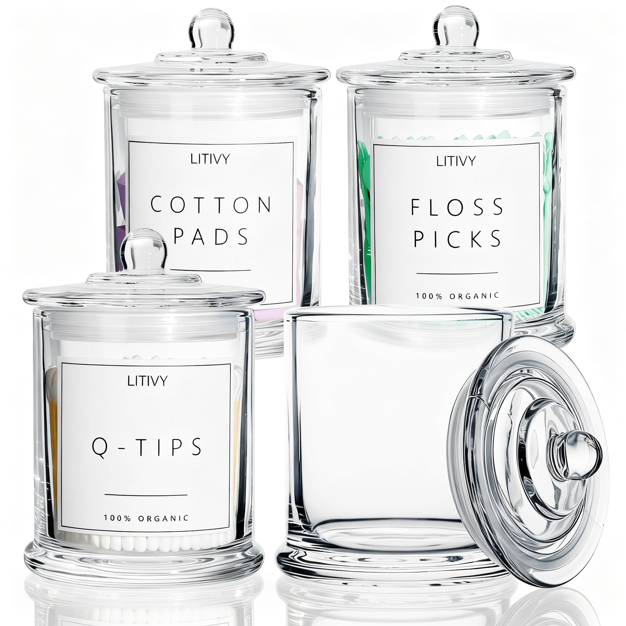 LITIVY 4 Pack Bathroom Organizers and Storage - 16 Oz Glass Qtip Holder & Cotton Pad Dispenser with Lid, Apothecary Jars for Home, Room Decor, Kitchen