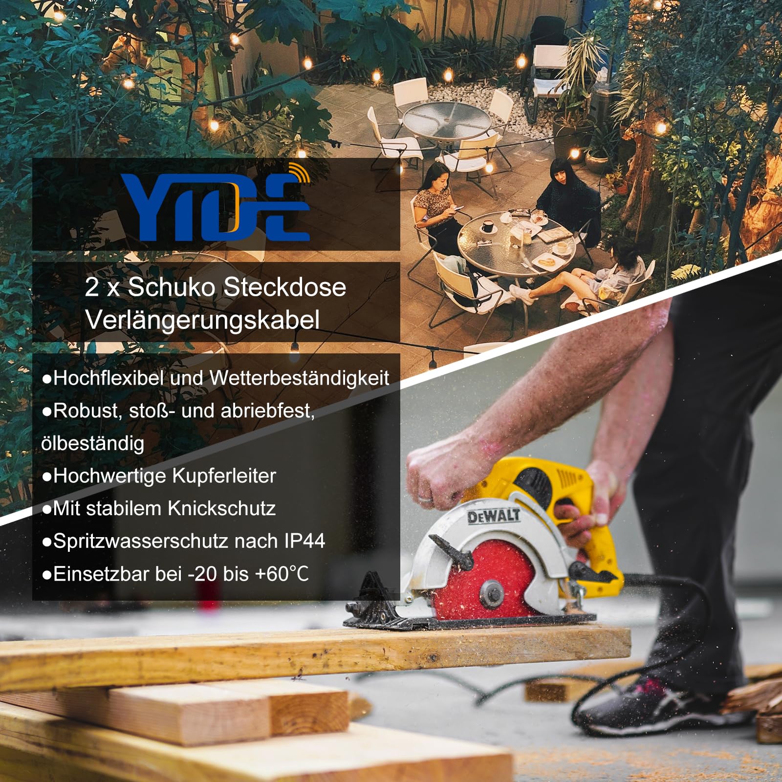 Verlängerungskabel 20m mit 2 Schuko-Steckdosen Outdoor, Doppel-Verlängerung für den Außenbereich IP44, 2 Schutzkontakt Buchsen, Gummi Stromkabel außen 3500 W, 2-Fach Verteiler mit Schutzkappe