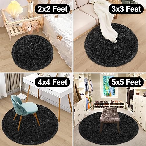 Miniatura 9 de Alfombra Redonda Negra Esponjosa para Dormitorio, Alfombra Circular Suave y Esponjosa de 3 pies para Habitación de Niños y Niñas, Lindas Alfombras