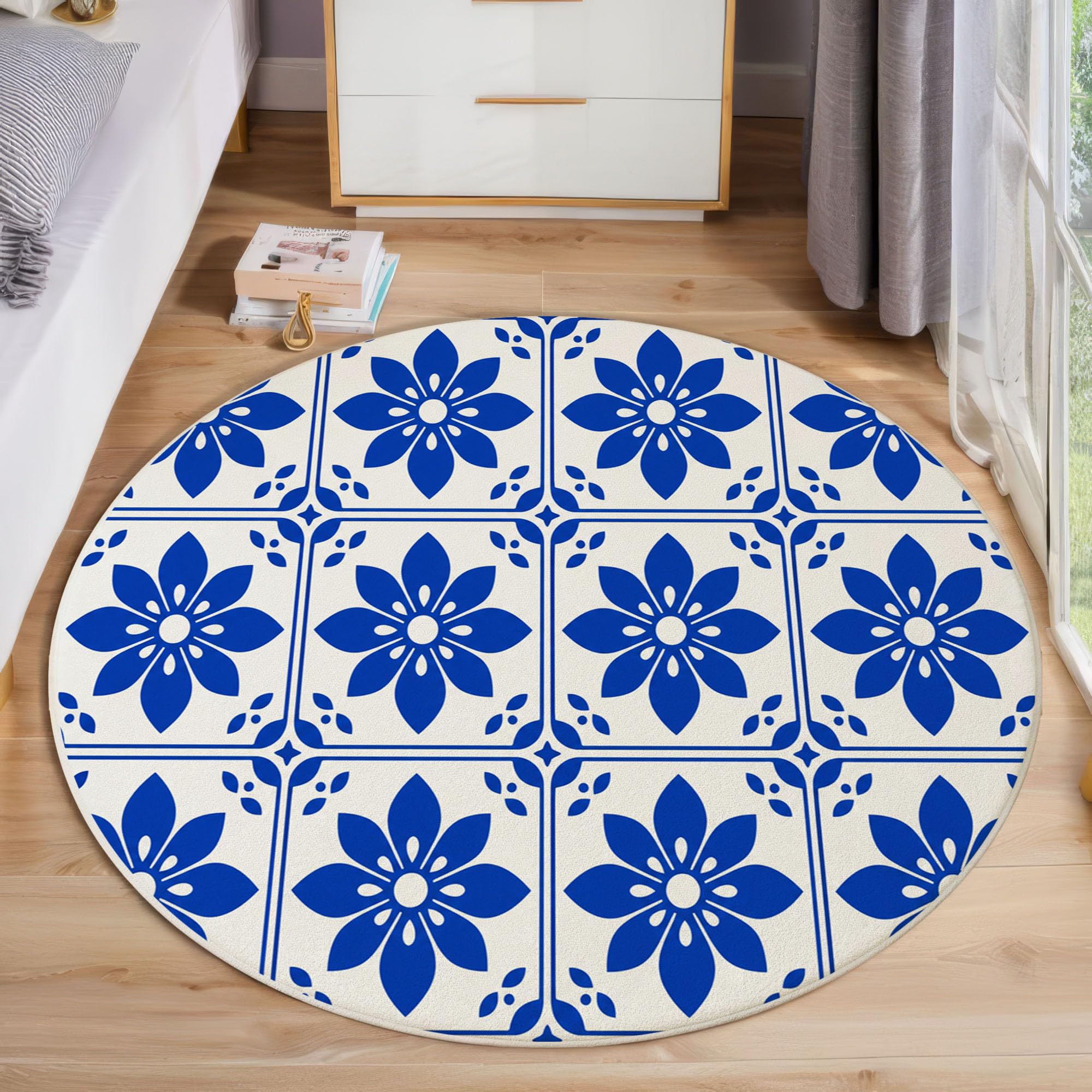 Tapis Rond 160 Cm, Fleurs Traditionnelles Bleu Marine | Lavable Et Antidérapant, Tapis De Sol Doux Carreaux À Damier Méditerranéens Pour Chambre, Salon Cheminée Et Salle De Jeux