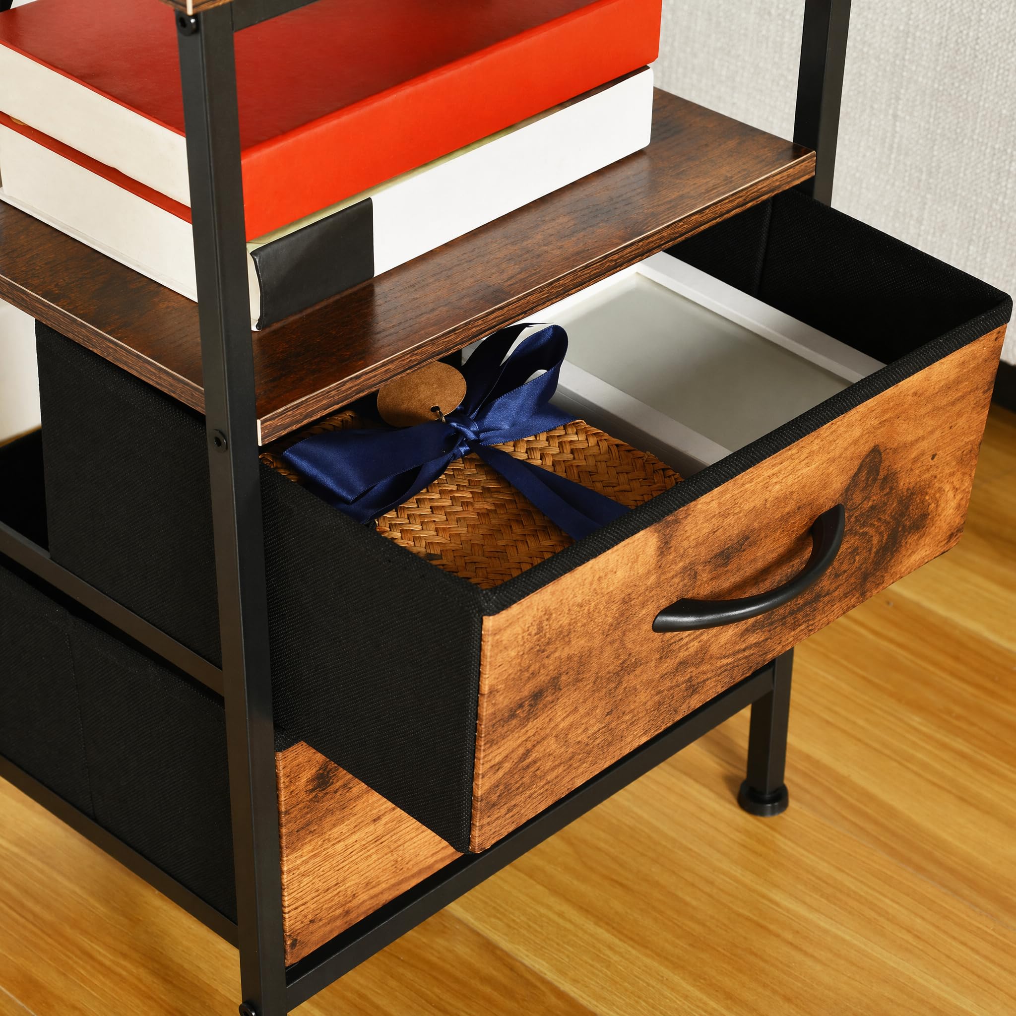 EGGREE Table de Chevet avec Station de Charge USB et Tiroirs en Tissu, Étagère,avec Ports USB et Prises de Courant, pour Chambre, Hôtel, Appartement, Petits Espaces. Marron Vintage