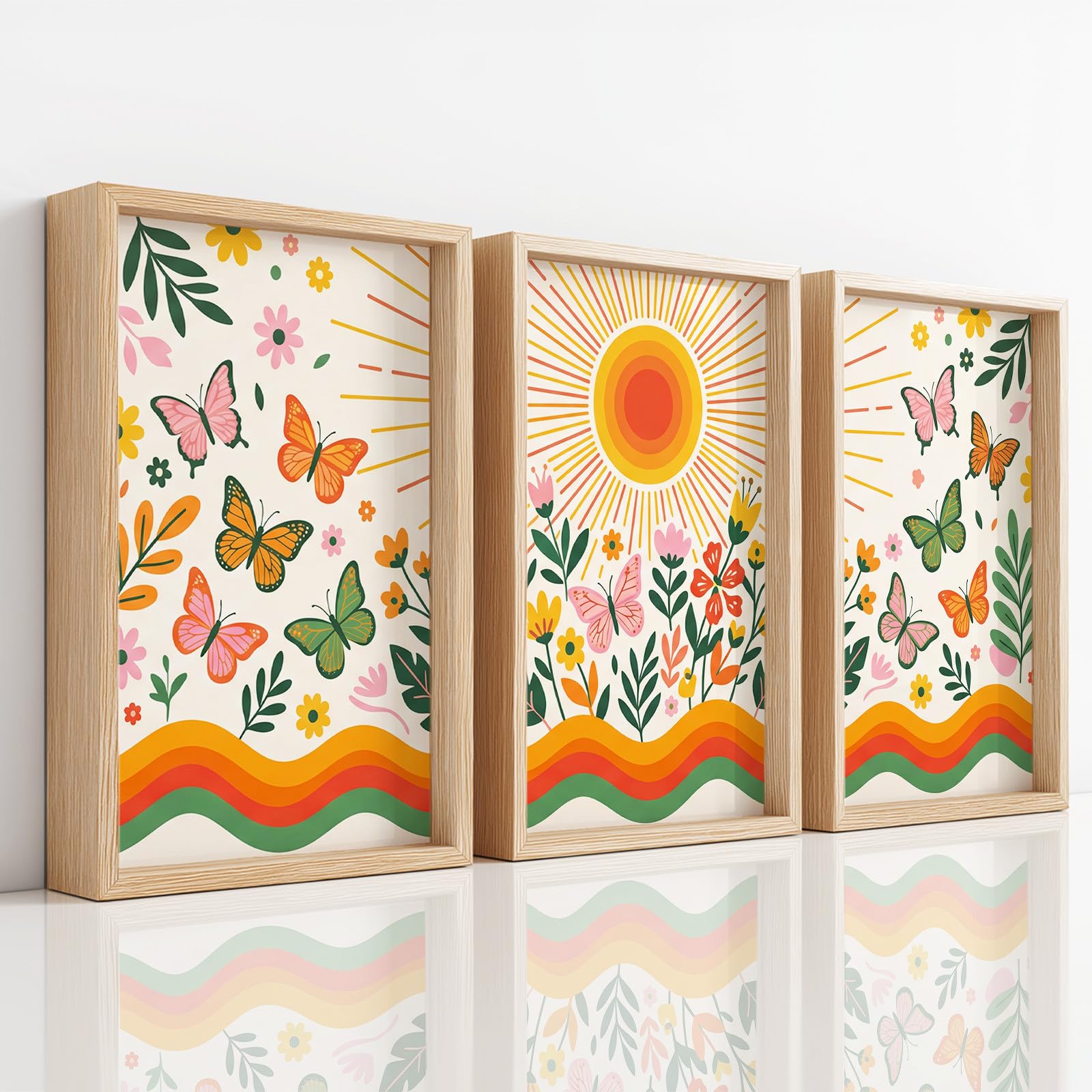 Generisch 3-teiliges Wandbild Leinwand Set 50 x 70, Ohne Rahmen Triptychon Ästhetische Kunstdrucke Vintage Verspielt für WohnzimmerSchlafzimmer, Botanisch Floral Zweig Schmetterling Sonne Regenbogen