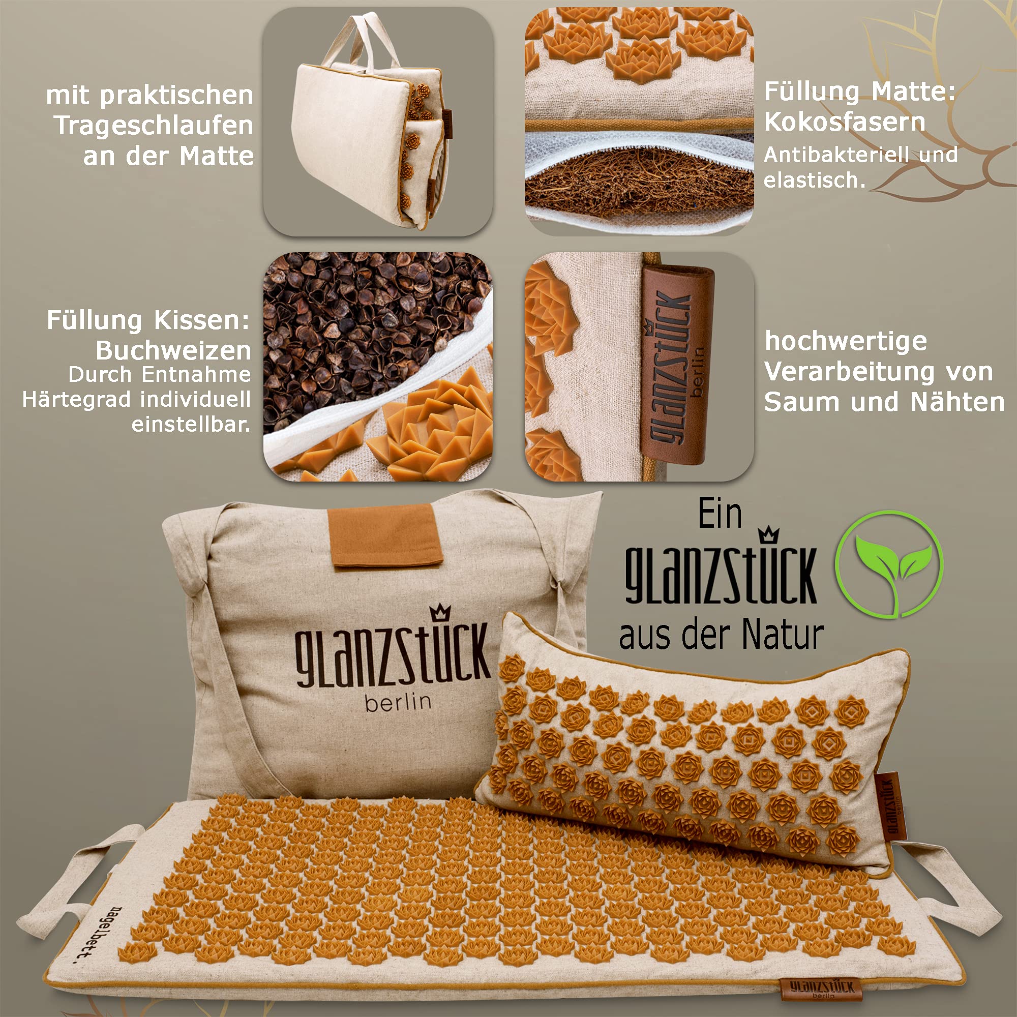 Glanzstück Berlin Health Collection XL Akupressurmatte Set ORIGINAL aus Leinen Massagematte mit Kissen Wärmefunktion Tasche