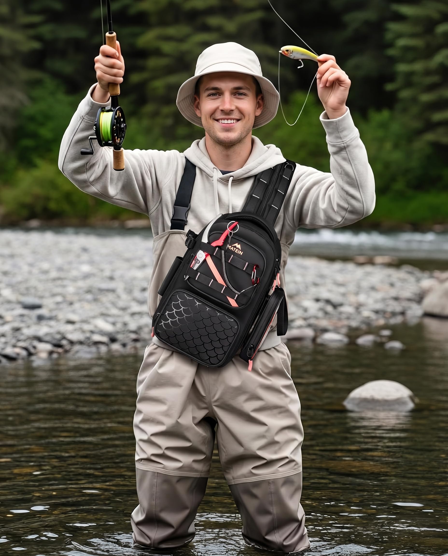 MATEIN Mochila Pesca con Soporte para Caña y Funda para Móvil, Negro