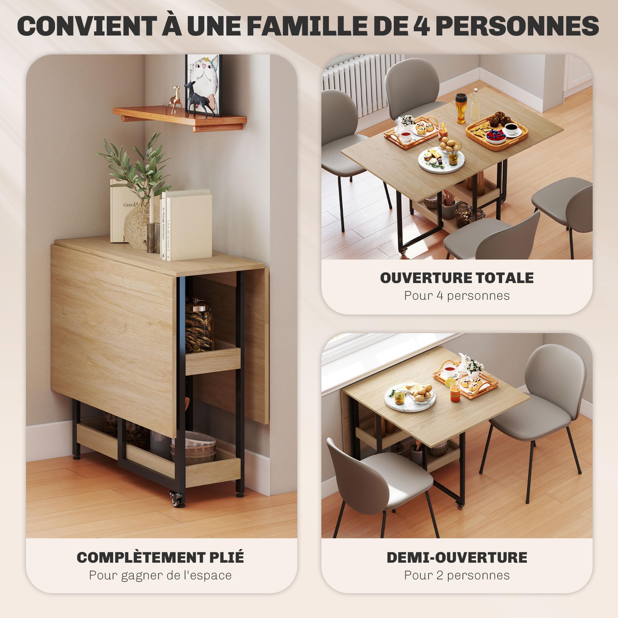 HOMCOM Table à Manger Pliante, Table Pliante Cuisine rectangulaire Extensible sur roulettes jusqu'à 4 Personnes avec Compartiments Ouverts, pour Petits espaces, Salle à Manger, chêne
