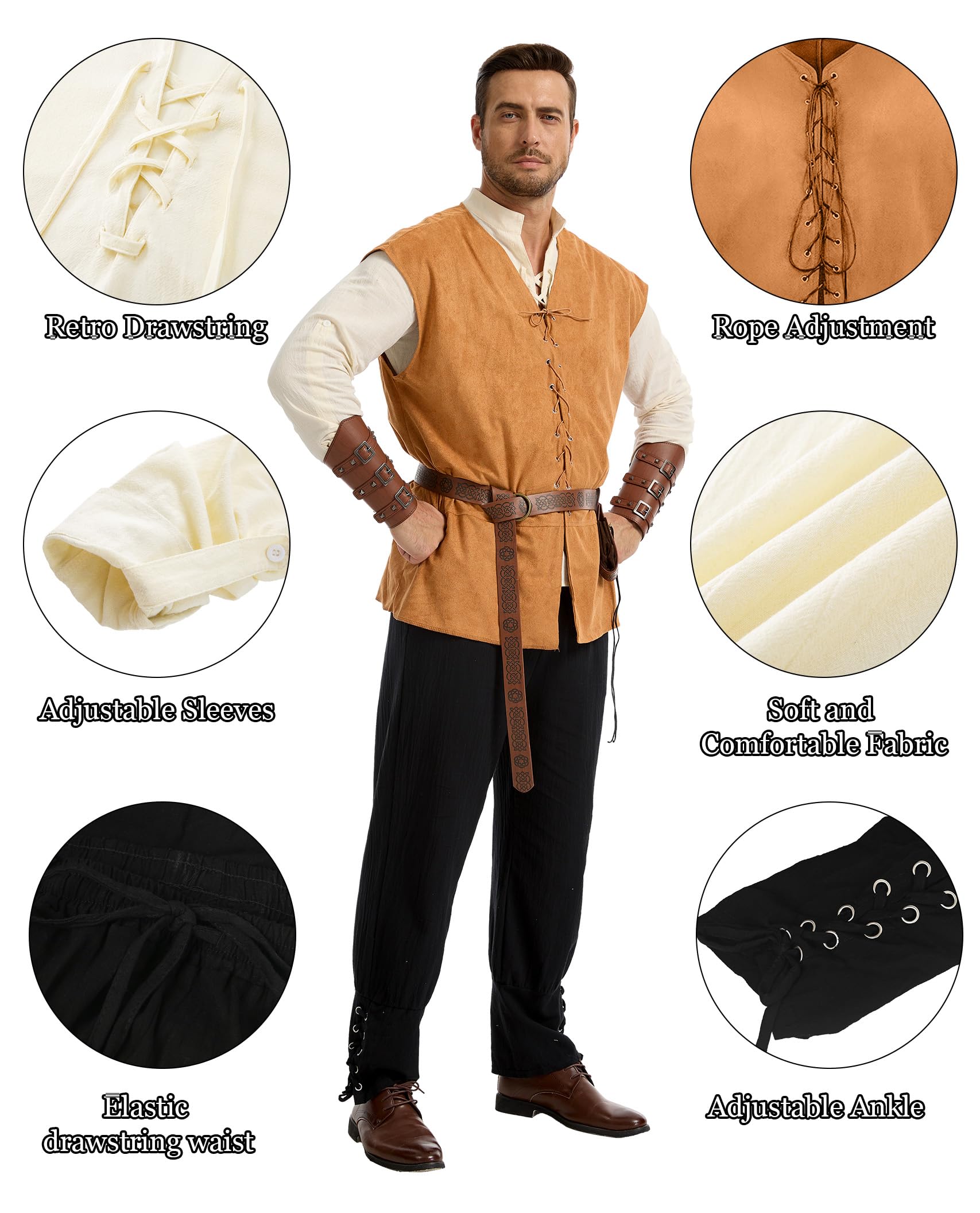 Herren Mittelalter Viking Kostüm,6 Stück Renaissance Kostüm Set, Mittelalterliche Kleidung für Halloween, Karneval, Cosplay