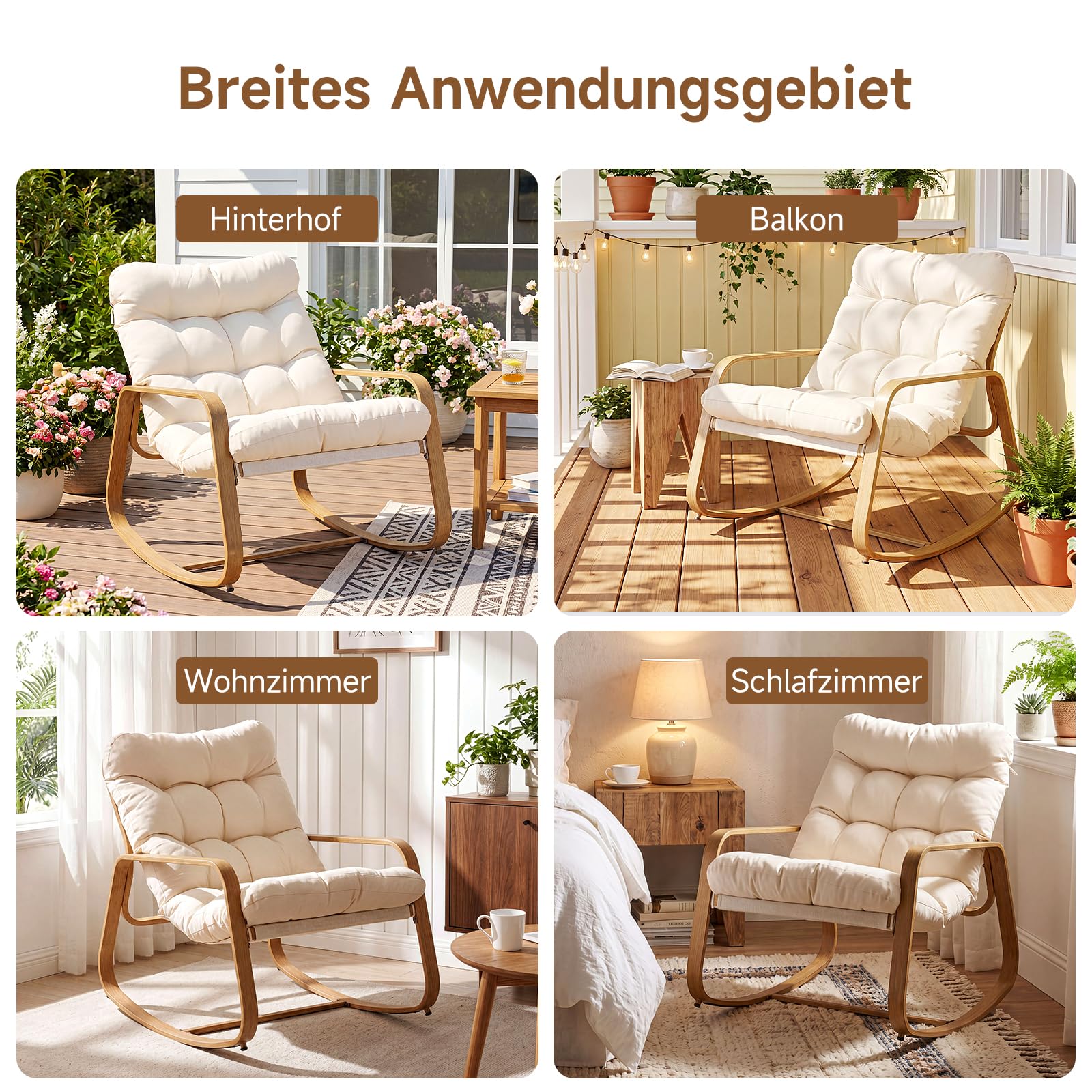 Schaukelstuhl mit dickem Kissen für drinnen und draußen | hochwertiger Papasan-Schaukelstuhl in Holzoptik aus Eisen, gemütlicher Schaukelstuhl für Garten, Balkon, Wohnzimmer und Schla