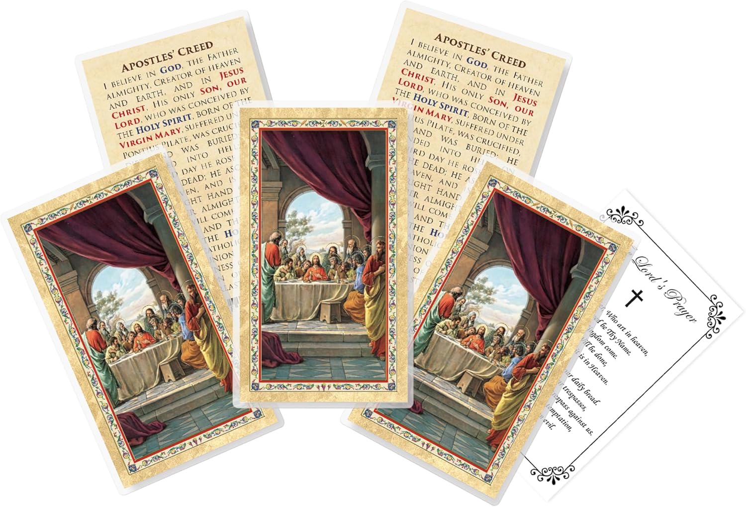 Apostles Creed Prayer Card - with The Lord's Prayer Card - 5 Laminated Apostles Creed Card for Daily Praying - Catholic Gold Stamped The Last Supper Apostle Creed Holy Card Set, 6 Items