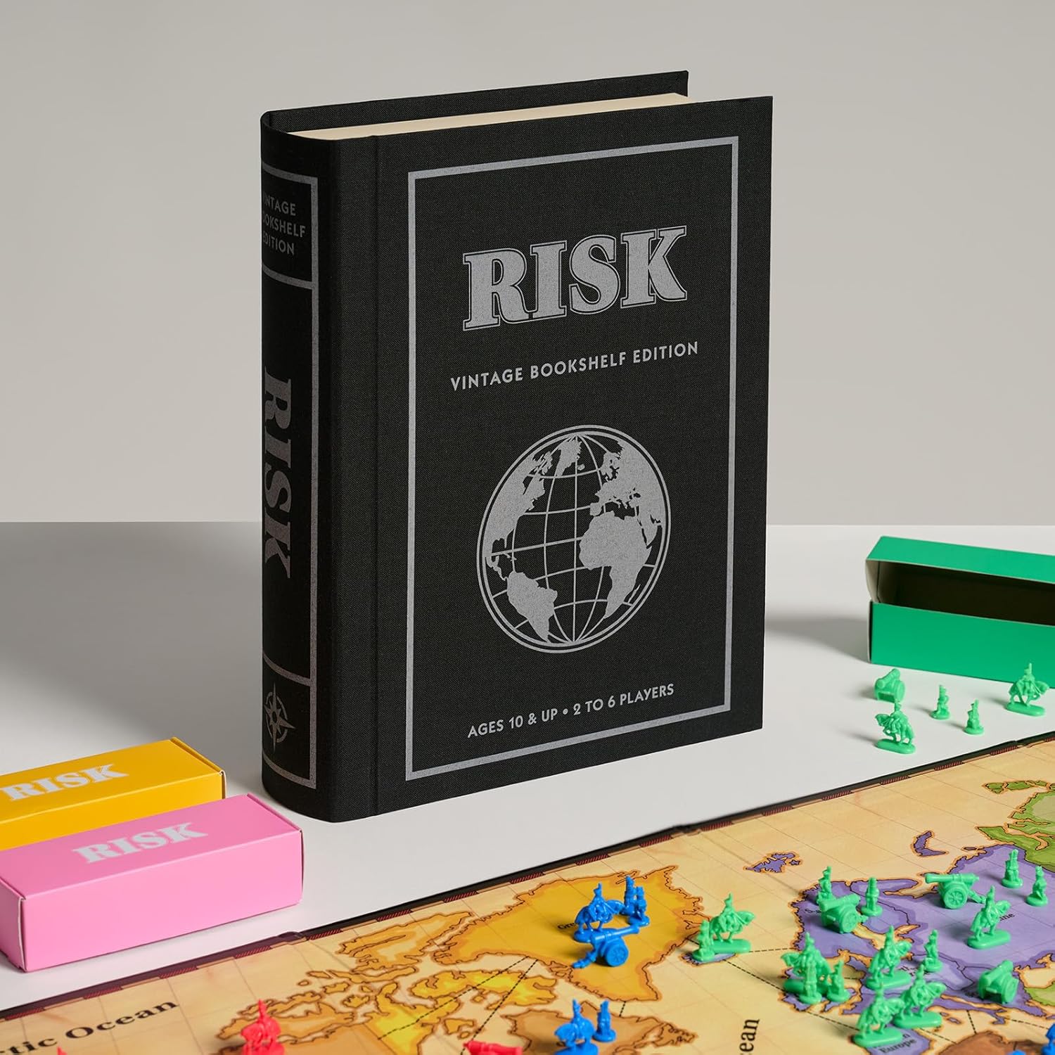 WS Game Company Risk Vintage Bookshelf Edition, Linen Wrapped Book Box & Slipcase - Secret Mission Variant & 6 Armies - Strategy Board Games for Adults & Kids, Ages 10+ - Image 6