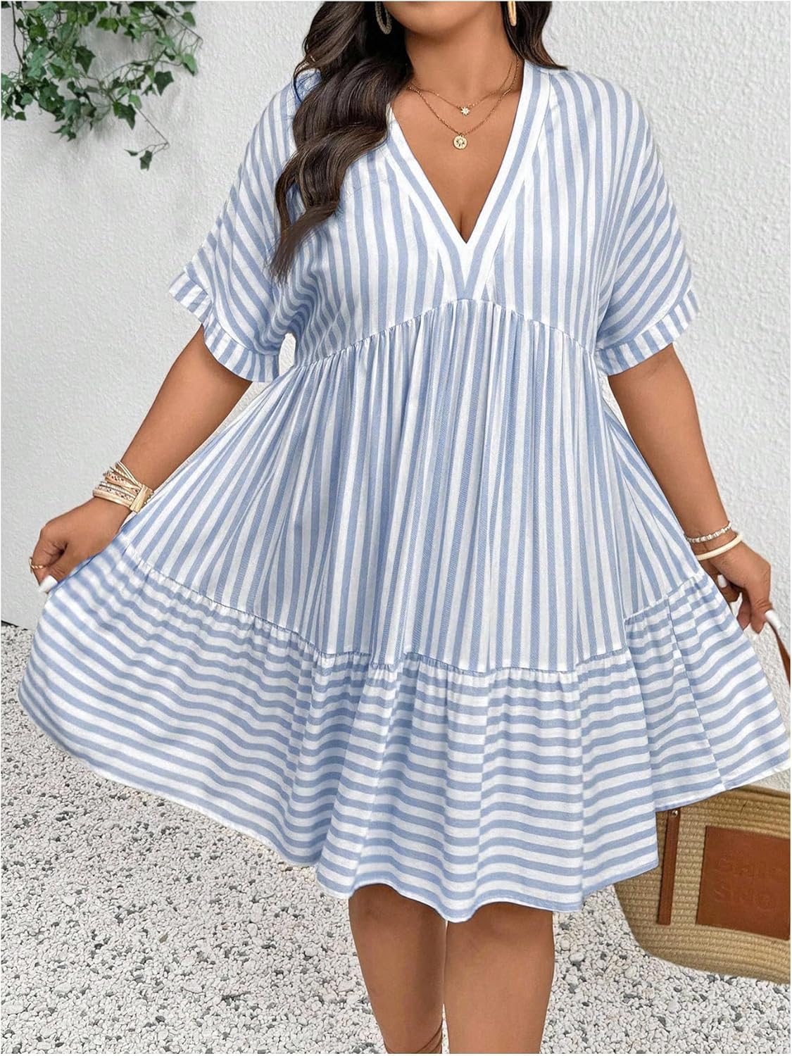 SOLY HUX Women's Plus Size Striped Ruffle Dress Summer Deep V Neck Half Sleeve Flowy Babydoll Dresses - Image 4