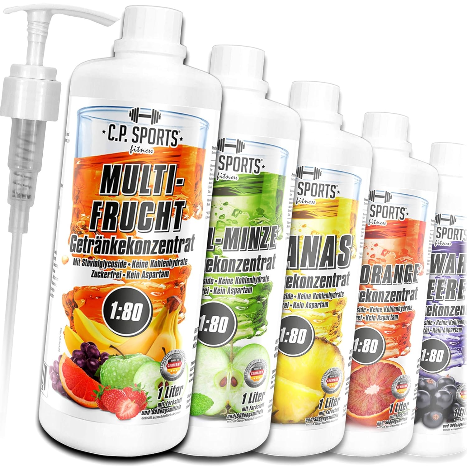 C.P. Sports Concentrate Sugar-Free 1:80 (approx. 80 Litres of Ready Drink) + Dosing Pump - Drink Concentrate Drink Syrup Fitness Sports Drink - L-Carnitine & Vitamins - 1 Litre...