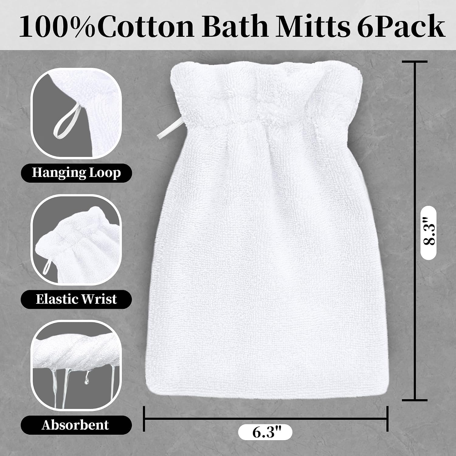 VOOVA & MOVAS White Exfoliating Washcloth 6PC, 8.3"x6.3" - 100% Cotton, Soft Absorbent Body Shower Glove Washcloth with Hanging Loop, Wash Mitts for Body