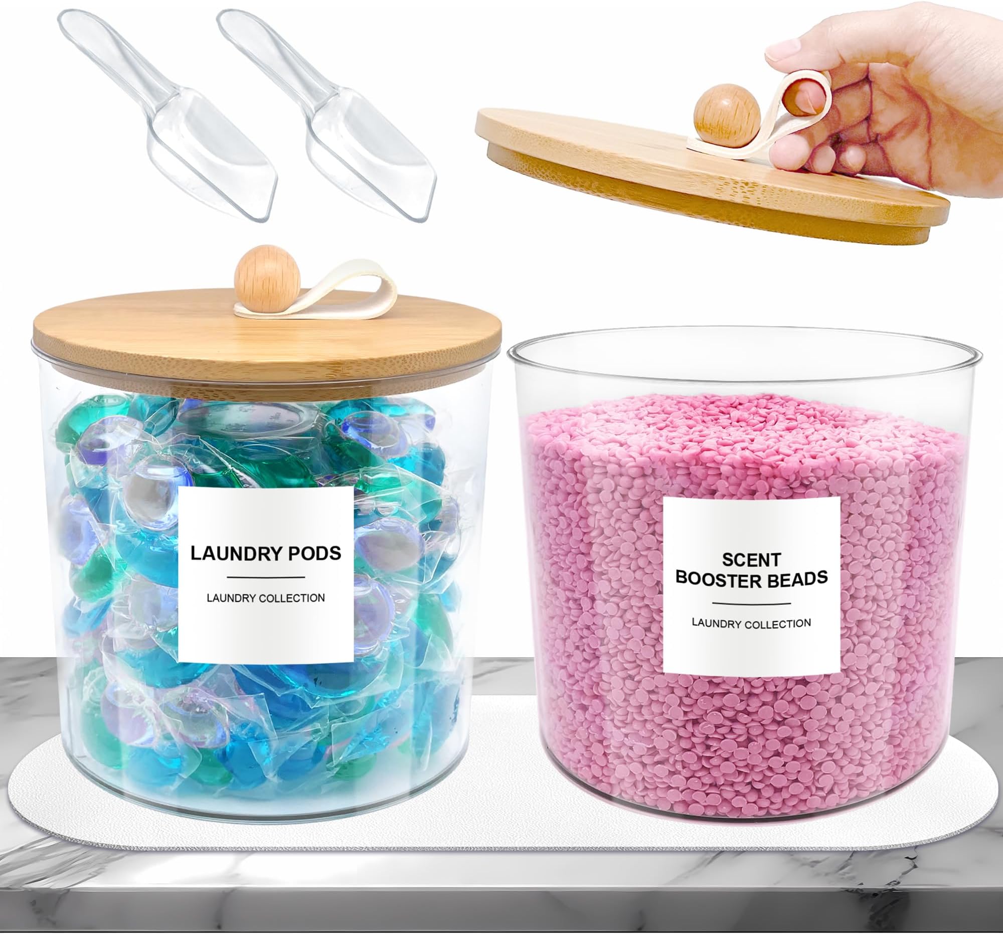 2 Pack Laundry Pods Container,Laundry Room Organization and Storage Jars,Laundry Detergent Container for Powder,Pods,Scent Booster,with Non-Slip PU Leather Pad and Handle,Bamboo Lids,Labels and Scoops