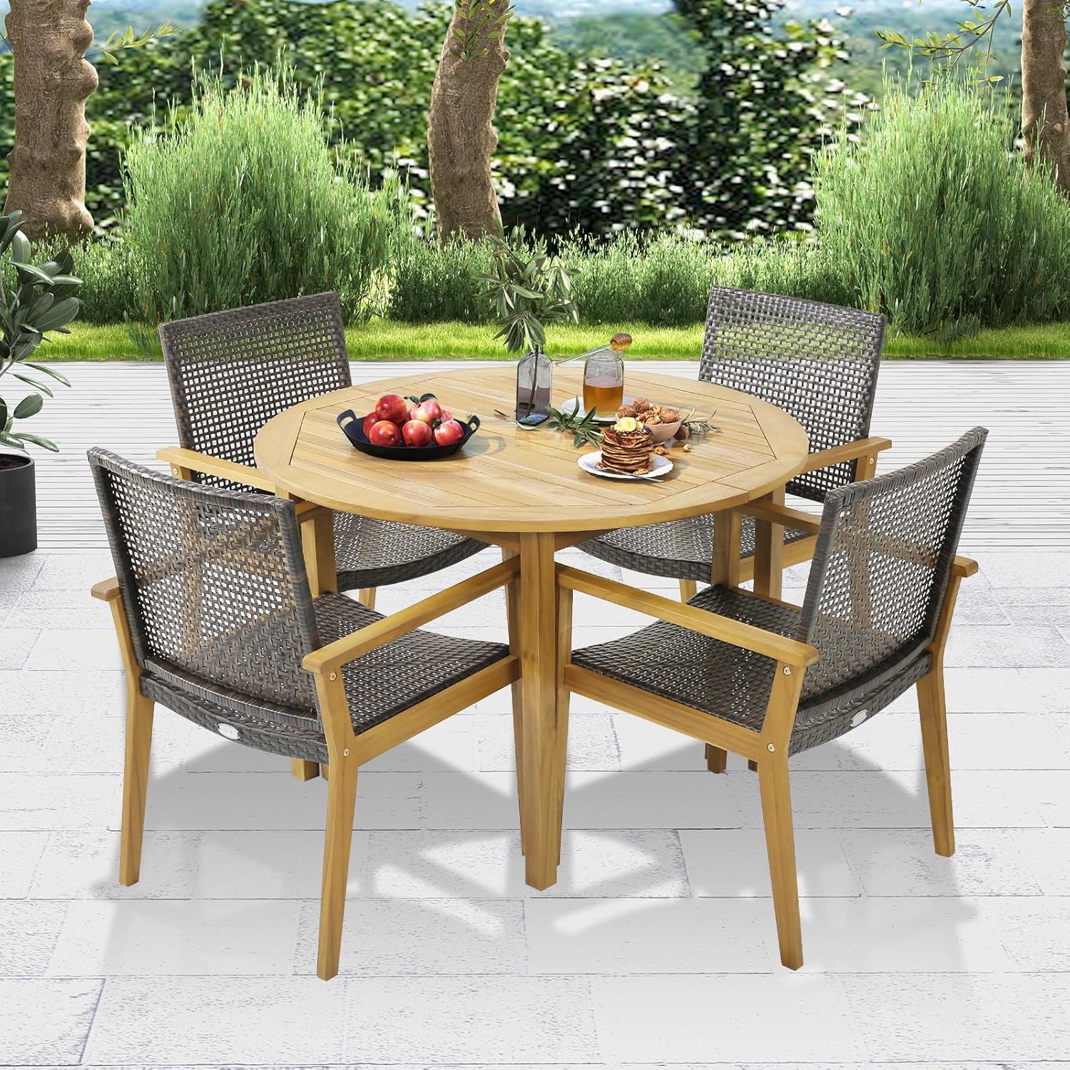 Tangkula 5 Pieces Patio Dining Set, 4 Patio Wicker Armchairs and Round Acacia Wood Dining Table, Outdoor Table and Chairs Set for Backyard, Poolside, Garden