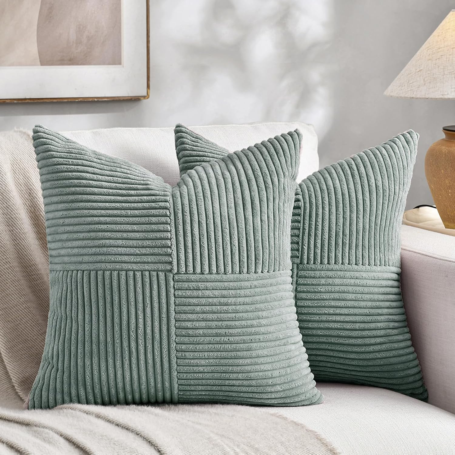 Fancy Homi Samll Lot de 2 housses de coussin décoratives en velours côtelé doux, housses de coussin carrées, taie d&rsquo;oreiller de ferme pour canapé-lit, 35,6 x 35,6 cm, gris/bleu