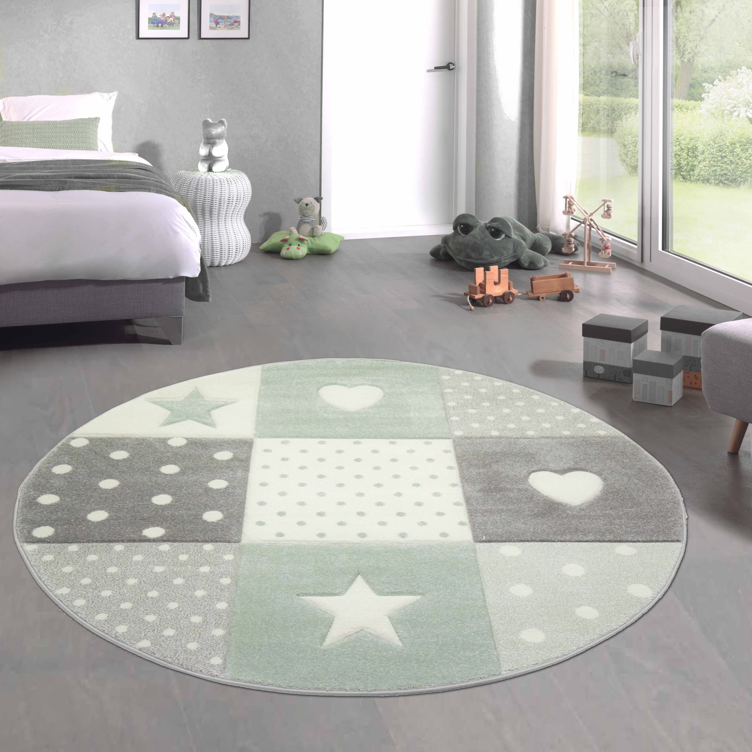 CARPETIA Moqueta de Juego para Niños Alfombrilla Infantil Corazones Estrellas y Puntos Verde Gris Crema - de fácil Cuidado Größe 120 cm Rund