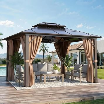 10x12FT Hardtop Gazebo, Aluminum Frame Permanent Pavilion with Ceiling Fan,Curtains and Netting, Outdoor Metal Gazebo Polycarbonate Double Roof Canopy, for Garden,Lawns,Patio Brown