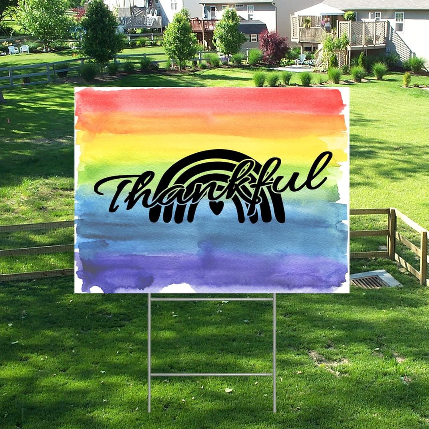 Progress Pride LGBTQ Yard Sign Thankful Equality Rainbow Sign with Metal H Stake USA American Pride Rainbow Yard Sign for Outdoor House Yard Lawn Decor 18x24 Inch