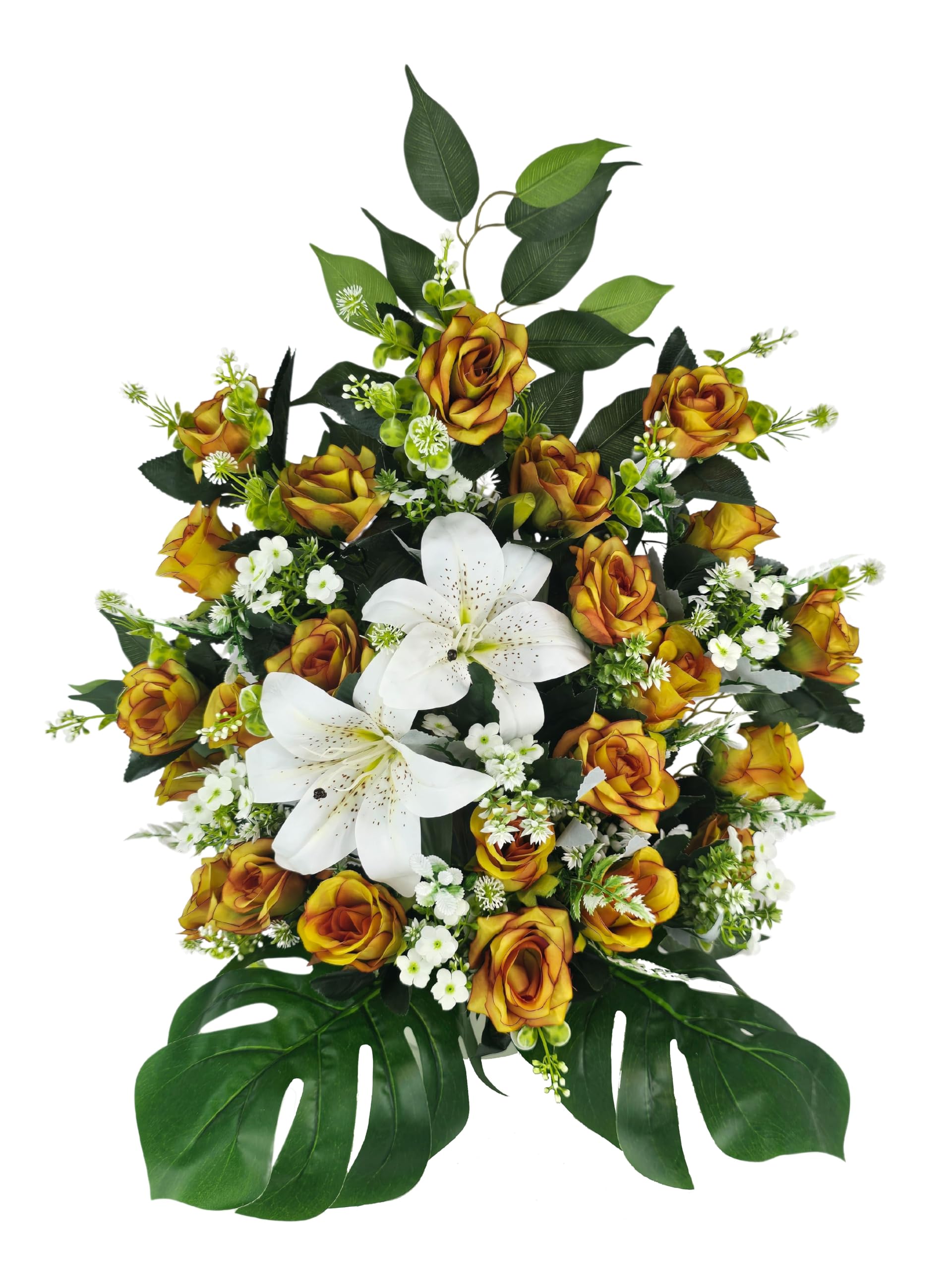 DRW Centro de Flores Cementerio, procesiones, Iglesias Bodas o sepulturas Rosas otoñales y liliums Blancos Artificiales 60x28x56
