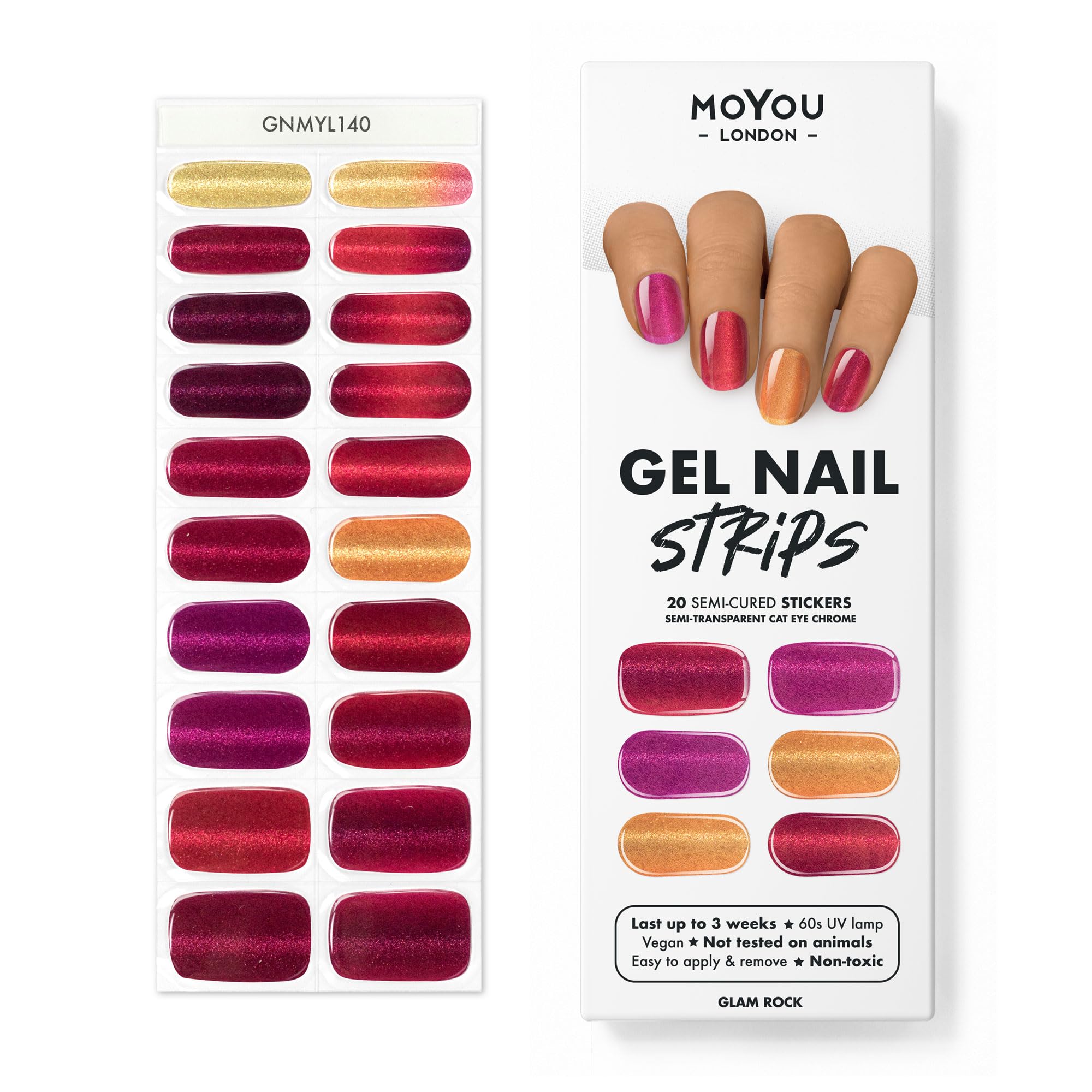 MOYOU LONDON Semi Cured Gel Nail Strips - 20 Pcs. Nail Wraps for Salon-Quality Manicure - Works with Any UV Nail Lamp - Easy to Apply, Trim, & Remove Gel Nail Stickers