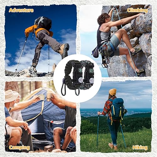Miniatura 8 de Pulsera de cuerda de paracaídas de supervivencia ajustable, paquete de 2 kits de inicio de fuego de emergencia con silbato fuerte, brújula, luz de