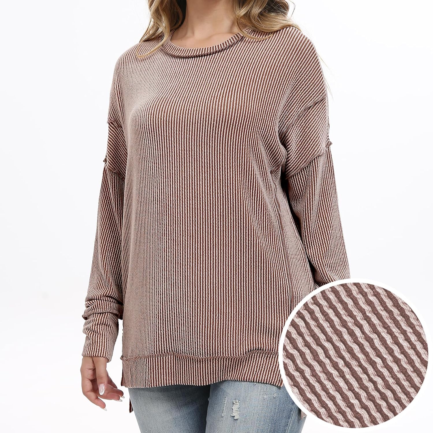 levaca Womens Long Sleeve Tops Ribbed Loose Fit Oversized Sweatshirts with Side Slit High Low Hem Fall Outfits 2024 - Image 4