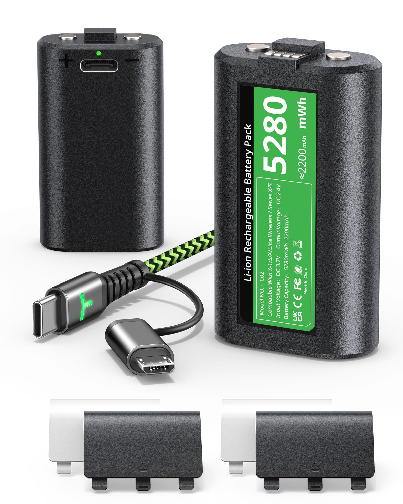 Upgrade Rechargeable Xbox One Controller Lithium Battery Pack Rechargeable, Xbox Series S|X Batteries 1 Pack=52 Playtime, Rechargeable Xbox Battery Accessories mit 4 Covers & USB/Type C Adapter