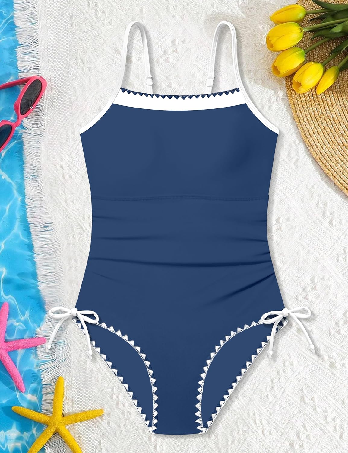 Girls Swimsuit One Piece Modest Girls Bathing Suit Solid Square Neck Ruched Adjustable Straps Padded Swimwear 9-16y - Image 7