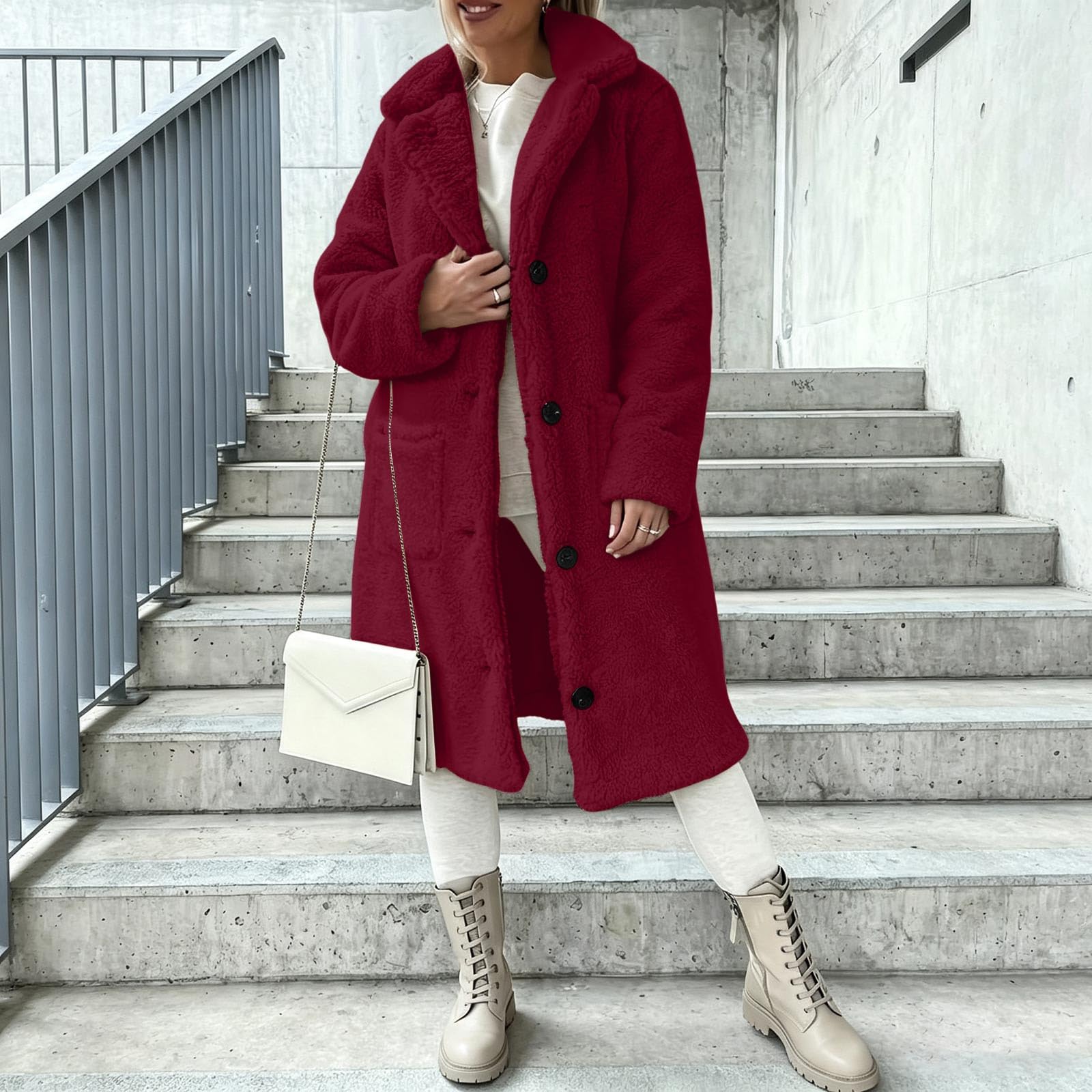 Generisch Damen Teddyjacke Lang Mantel Fleecejacke Trenchcoat Outdoorjacke