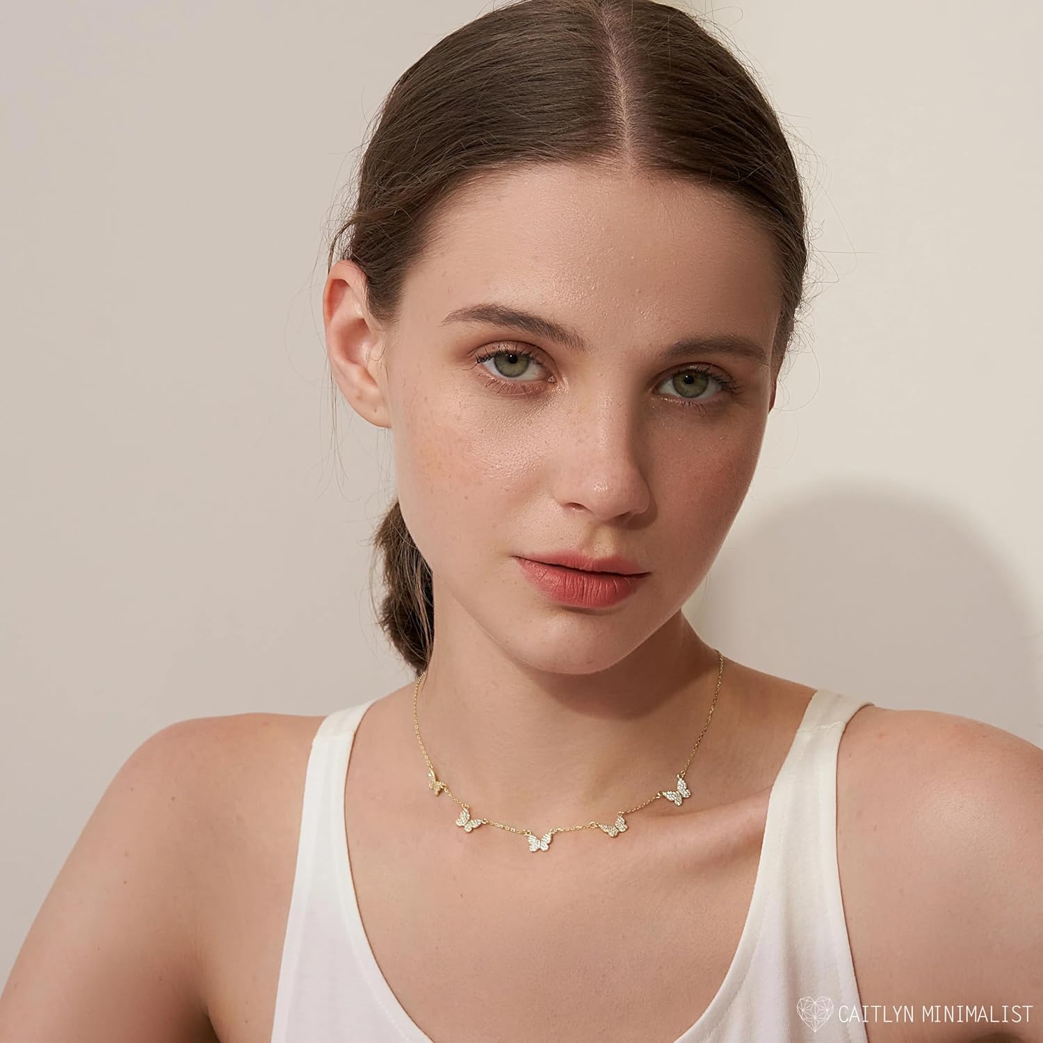 CAITLYNMINIMALIST 18K Gold Plated Sterling Silver CZ Diamond Pave Butterfly Charm Station Necklace Jewelry Gift for Women