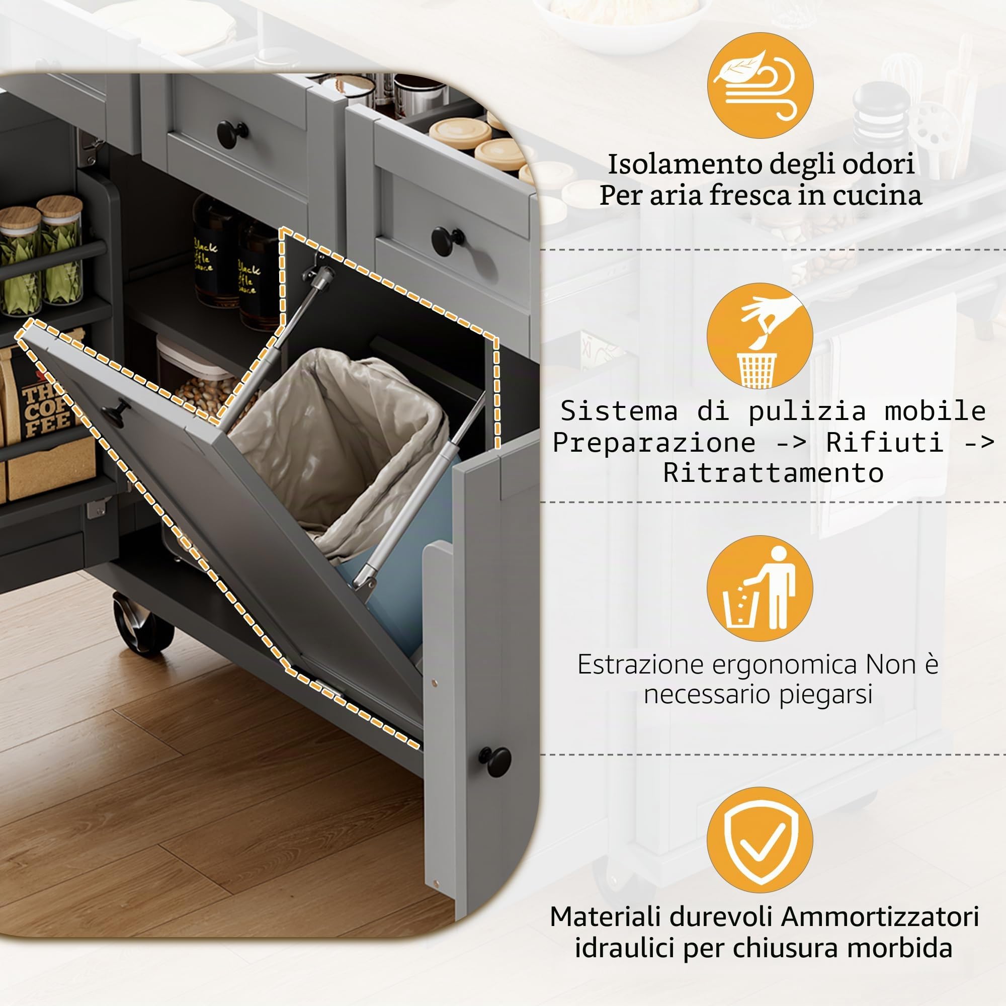 Isola cucina con ruote, zona pranzo estraibile, pattumiere e cassetti, mobile, ideale per cucina e sala da pranzo (grigio)
