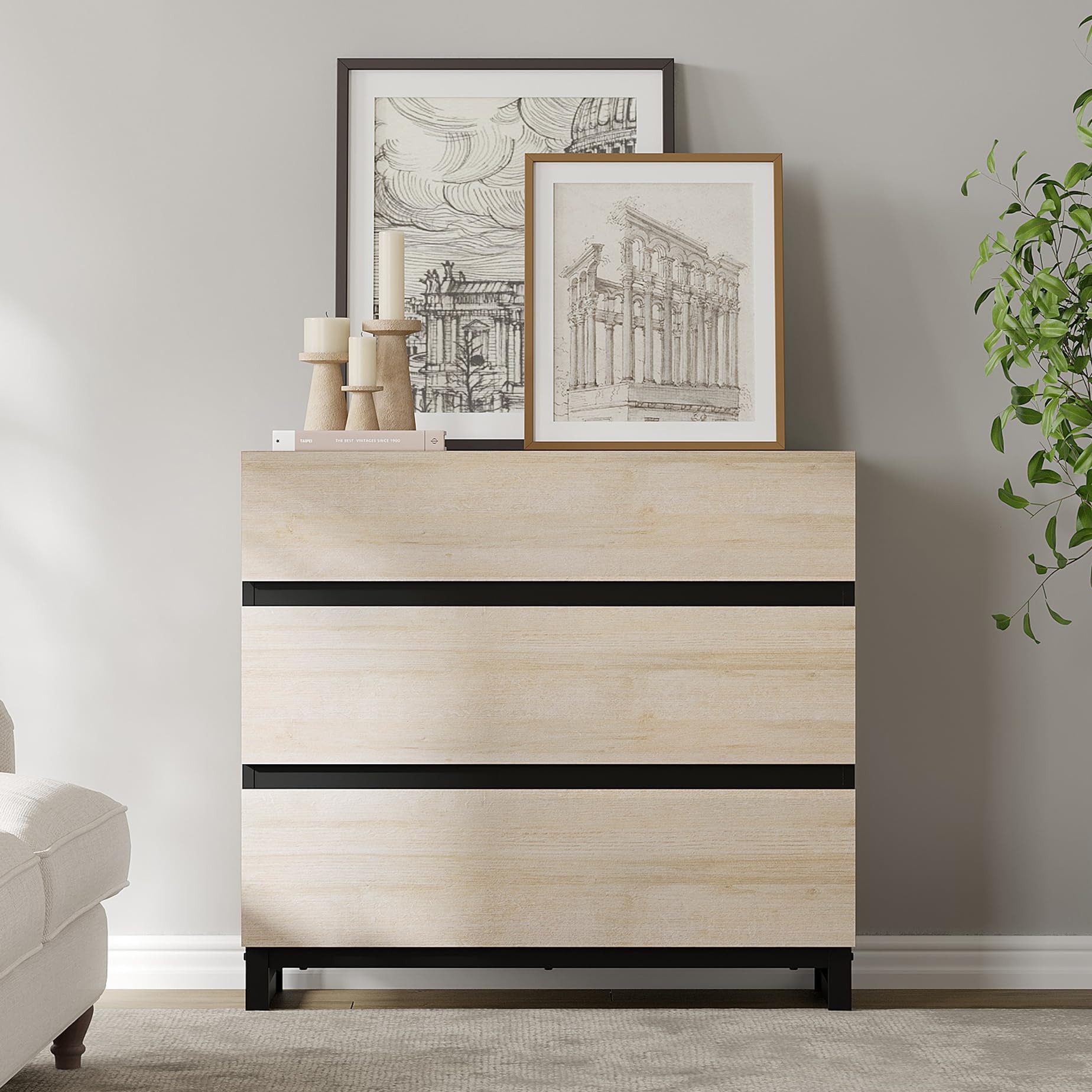 WAMPAT Dresser for Bedroom, Closet Organizers and Storage with 3 Drawers, Chest of Drawers with Metal Base, Modern Wood Dresser for Living Room, Hallway, Entryway, Light Oak