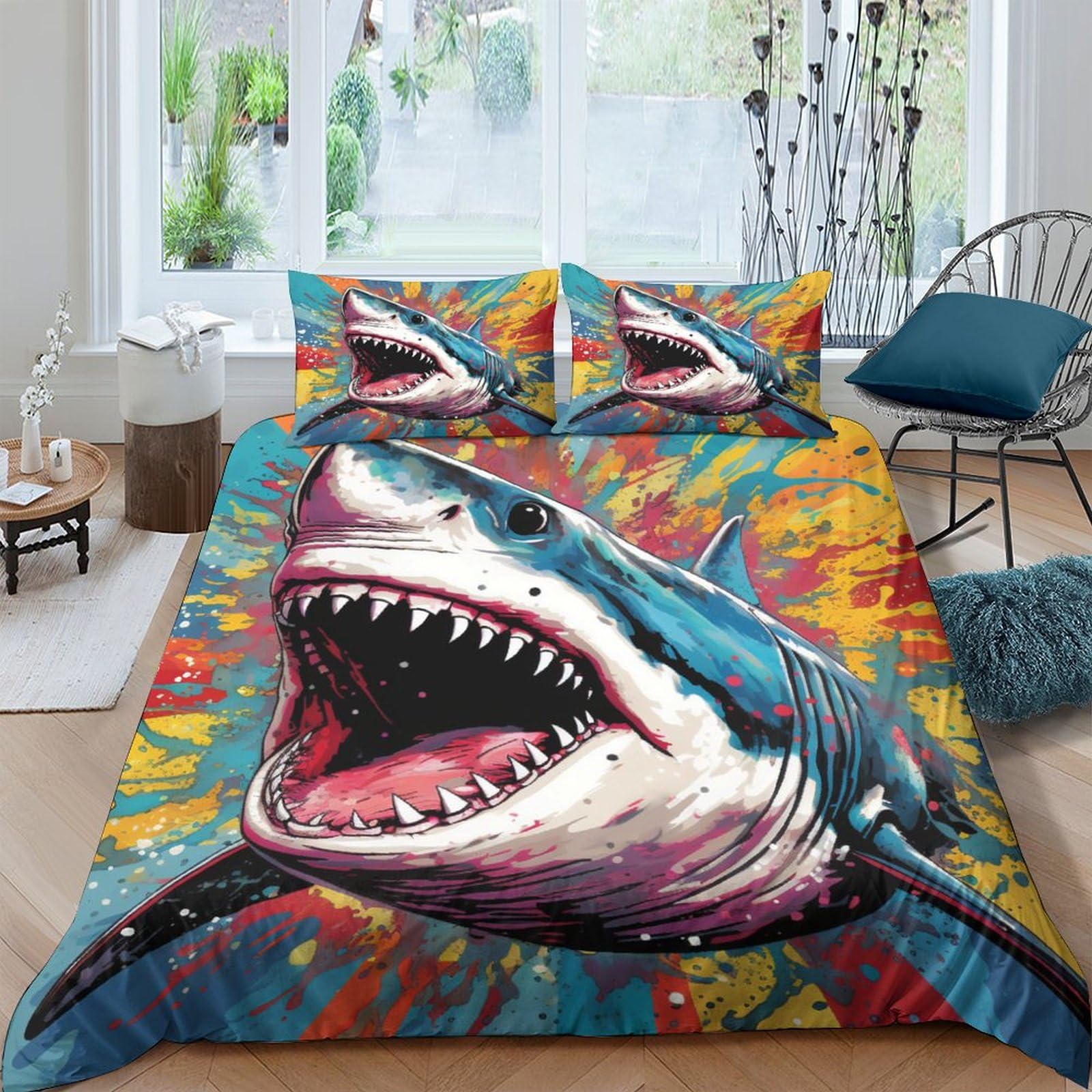 Parure de lit requin 200x200 cm avec housse de couette 3D et taies d'oreiller en microfibre marine