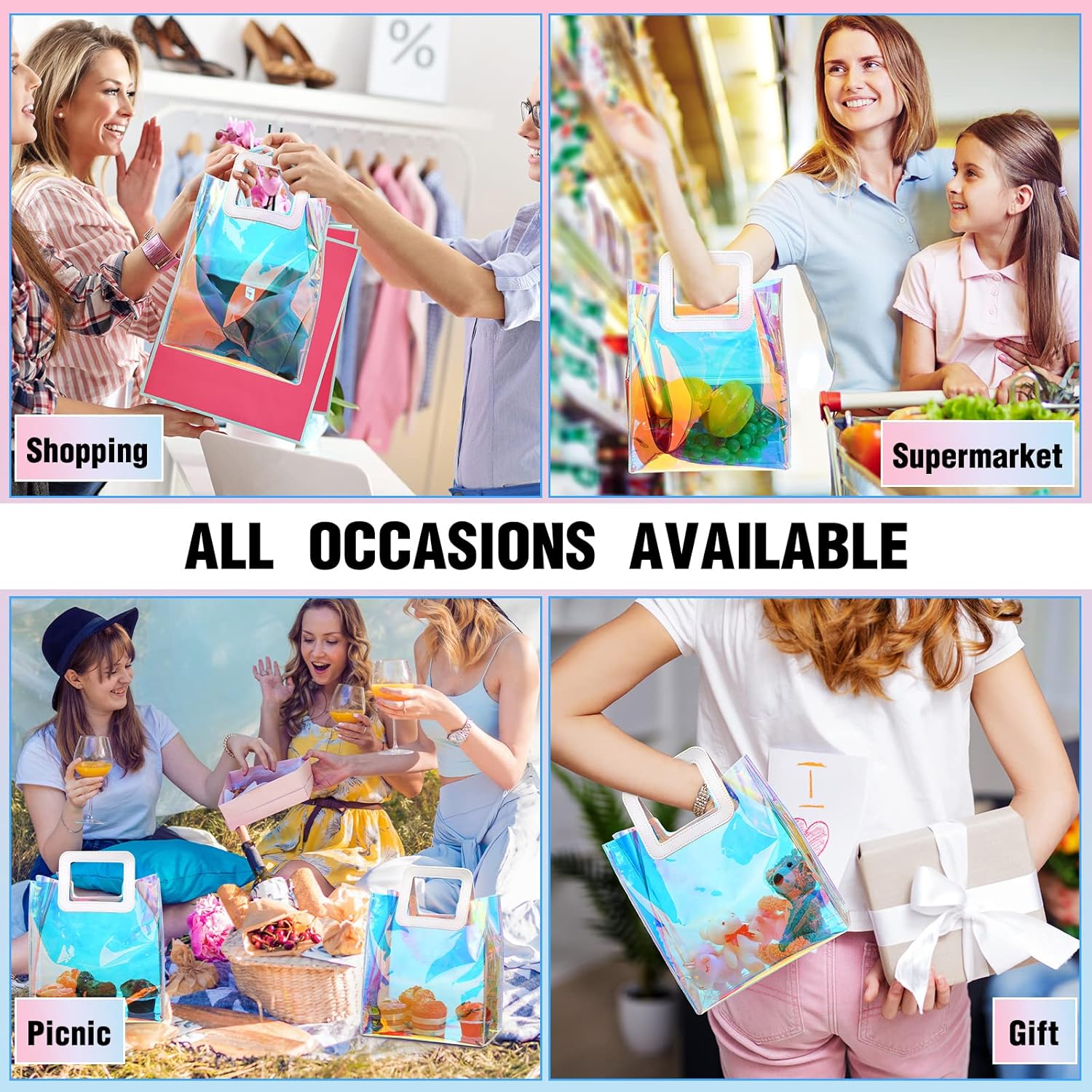 Boao 8 Pcs Reusable Gift Bag, 10 x 11 x 5.5 Inches Clear Large Gift Wrap Tote Bags PVC with Handle for Women Girl Party Birthday Christmas Travel Festival Wedding Shopping (Holographic) - Image 7