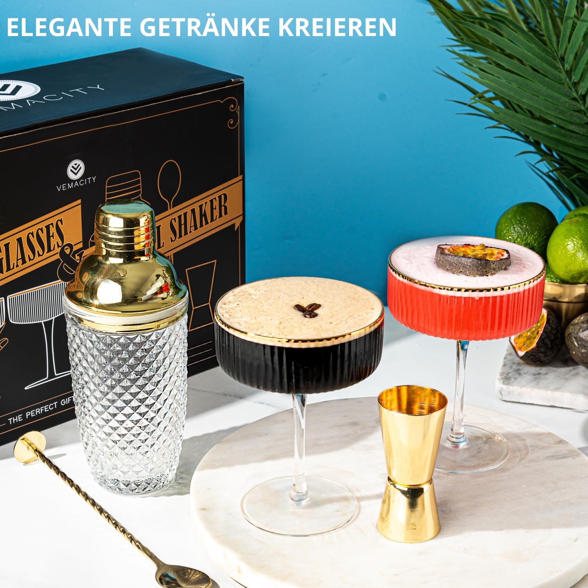 Vemacity Cocktail Set– Glas Cocktail Shaker (500ml) + 2 Espresso Martini Gläser mit Goldrand, Bar Spoon & Jigger | Barkeeper-Set | Cocktailgläser + Cocktailshaker | Ideal zum Verschenken