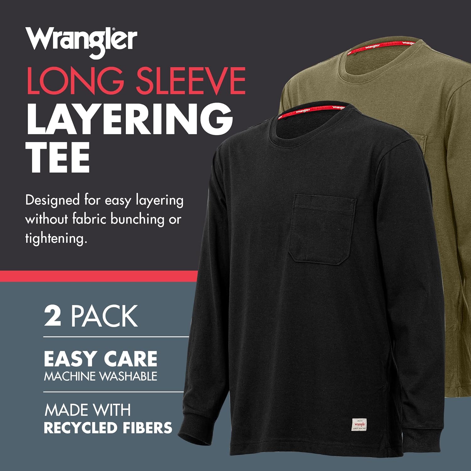 Wrangler Long Sleeve Layering Tee Shirts for Men, Core Mens Layering T-Shirt