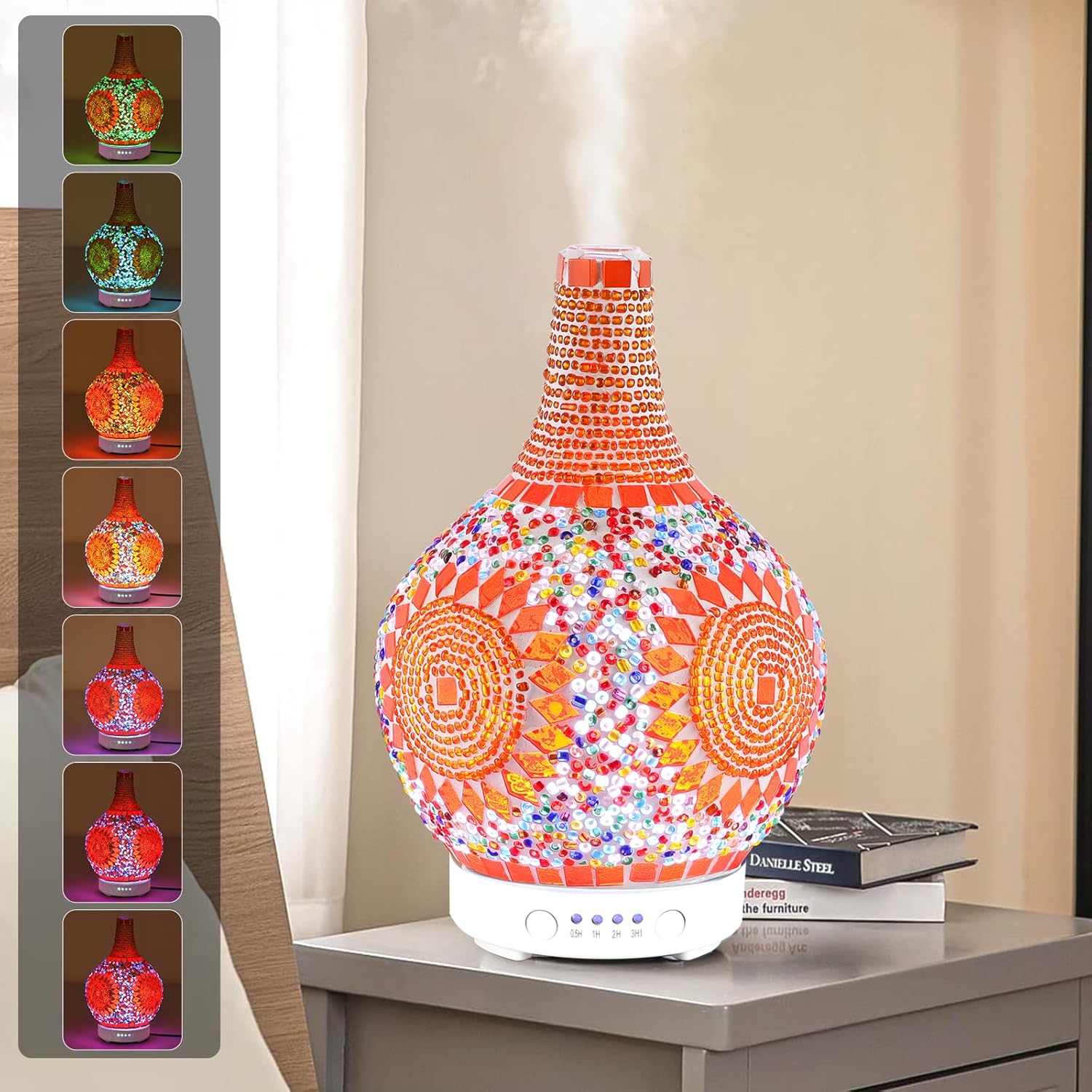 Mosaic Glass Essential Oil Diffuser,Tiffany Aromatherapy Diffuser 100ml Turkish Moroccan Color Changing Aroma Ultrasonic Diffusers Cool Mist Air Diffuser for Sleeping SPA Office Home