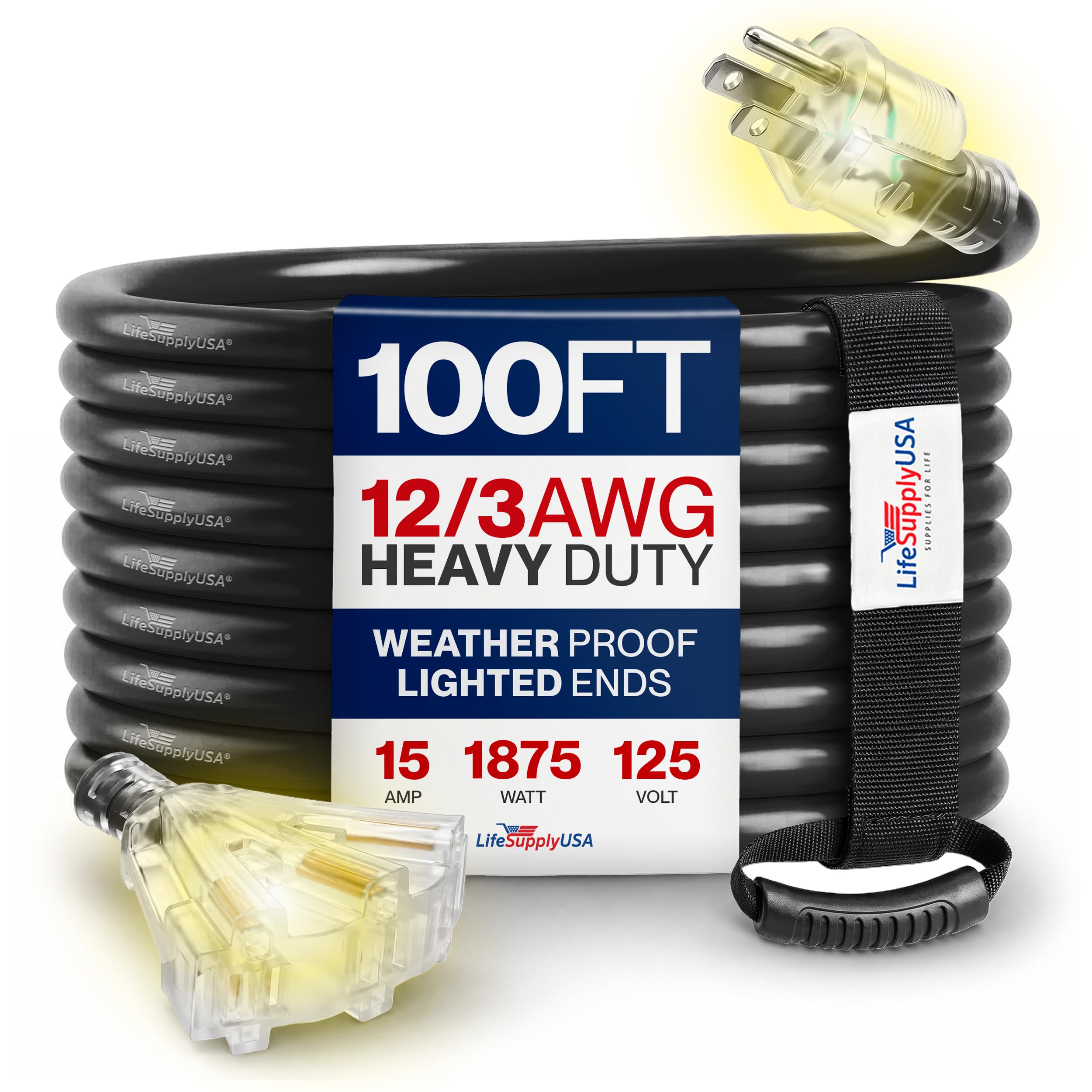 LifeSupplyUSA 100ft 12/3 Gauge Extra Heavy Duty Extension Cord