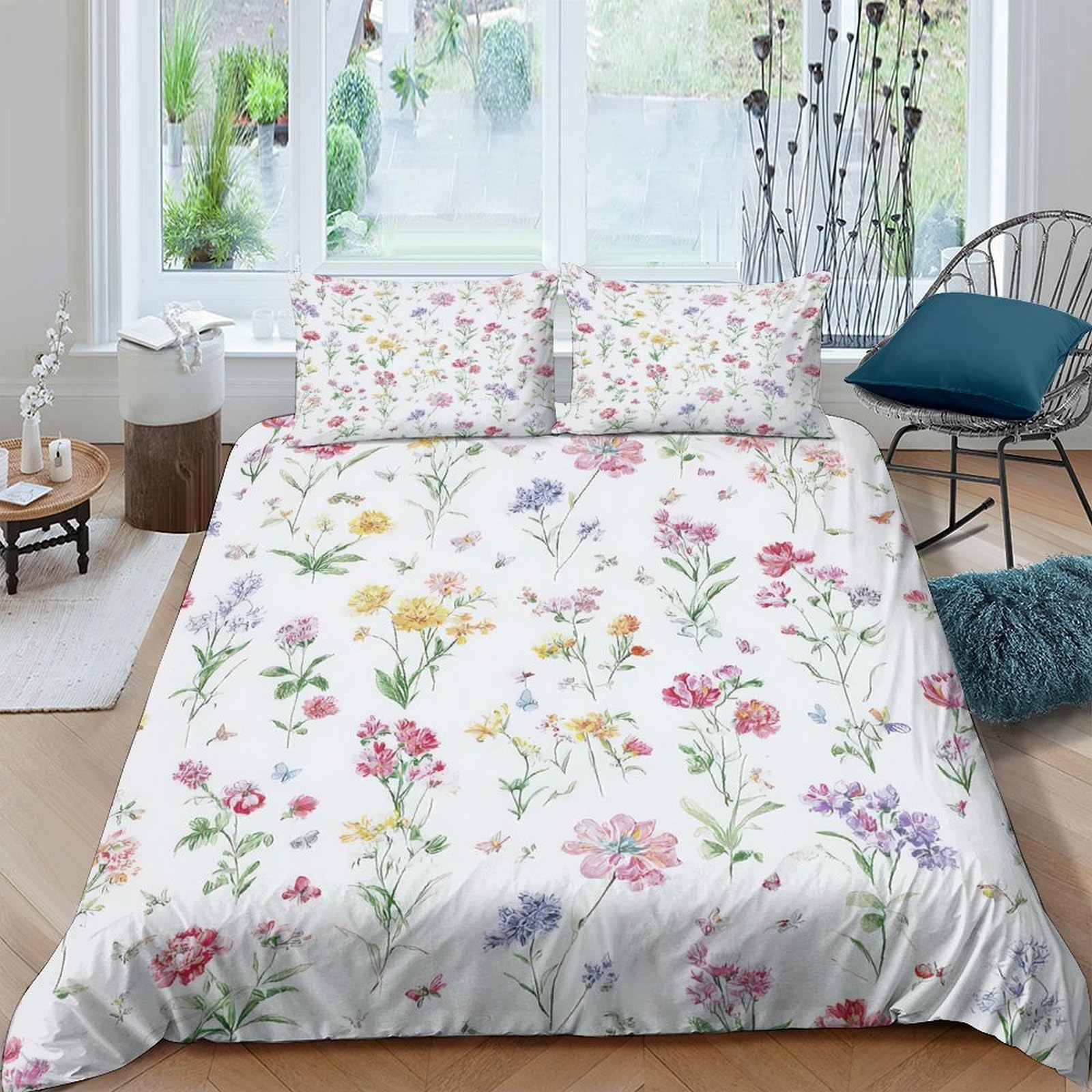 XFKLYNVCJ 3D Printed FloralPattern Quilt Cover Polyester VintageBotanicalStyle_ Bed Cover Hypoallergenic Shrink Resistant Family Home Bedroom Use Double（200x200cm）