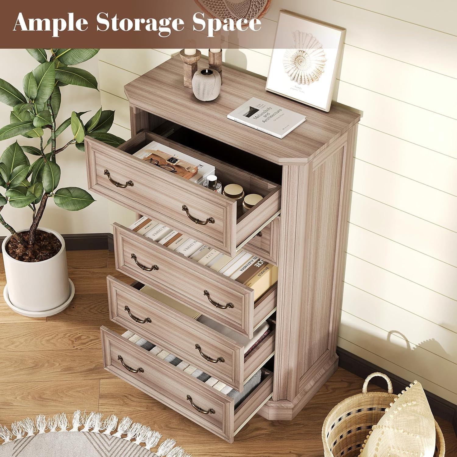 LUXOAK Farmhouse Bedroom Dresser Set of 2, 54" Wide 7-Drawer Chest & 48" Tall 5-Drawer Dresser, Natural Wood Grain with Vintage Handles, Storage Dressers for Bedroom, Grey Walnut