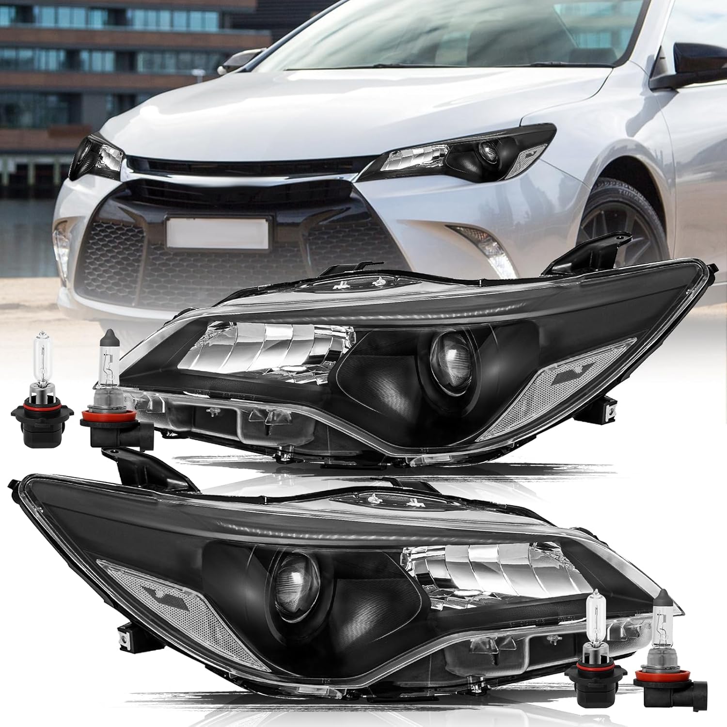 Aosky Fit for 2015 2016 2017 Toyota Camry Headlights Assembly Halogen Headlamp Black Housing with Clear Reflector with bulbs