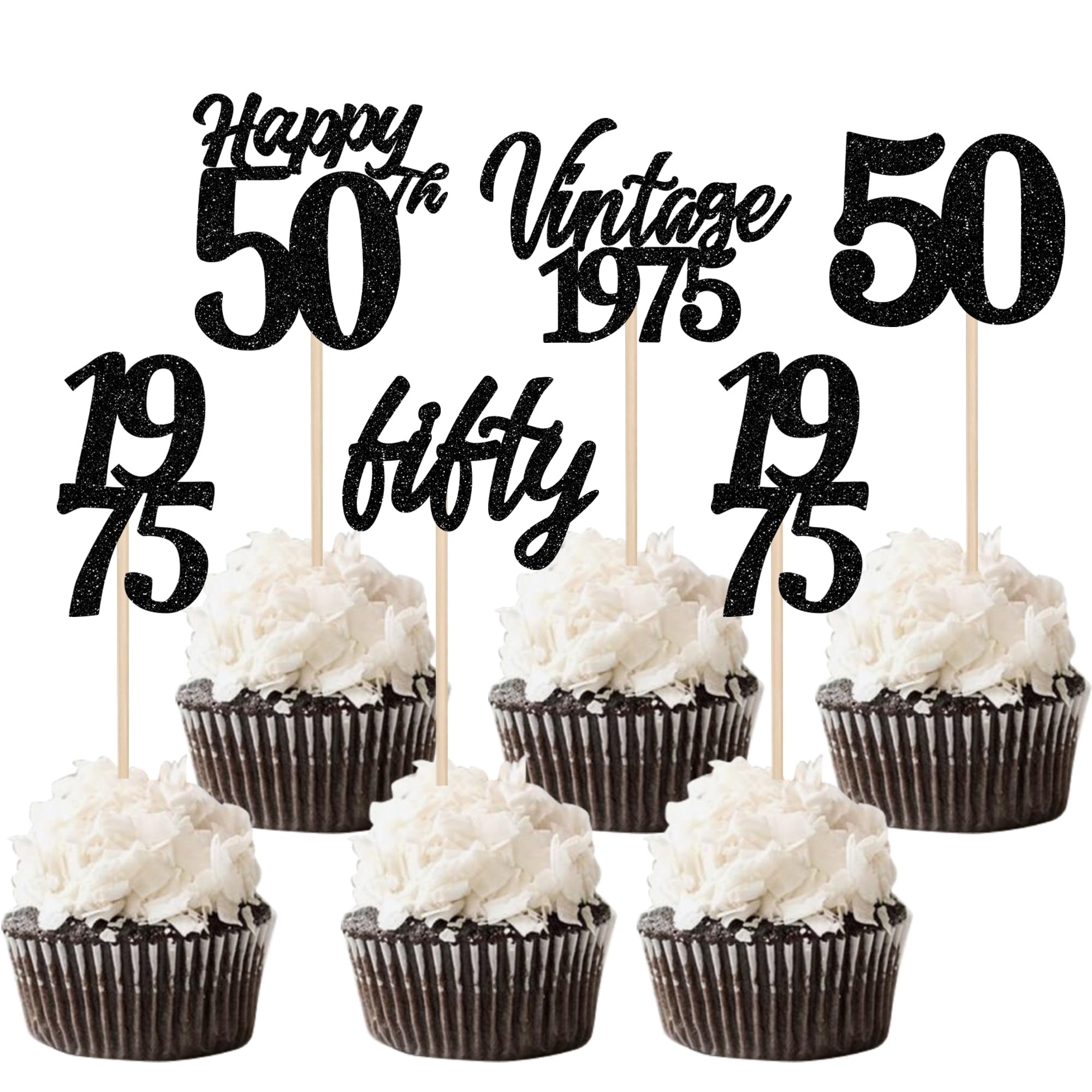 30PCS Happy 50th Birthday Cupcake Toppers Cheers to 50 Vintage 1975 Cupcake Picks Hello 50 Fifty 50th Birthday Decorations for 50th Wedding Anniversary Birthday Party Cake Decorations Supplies Black