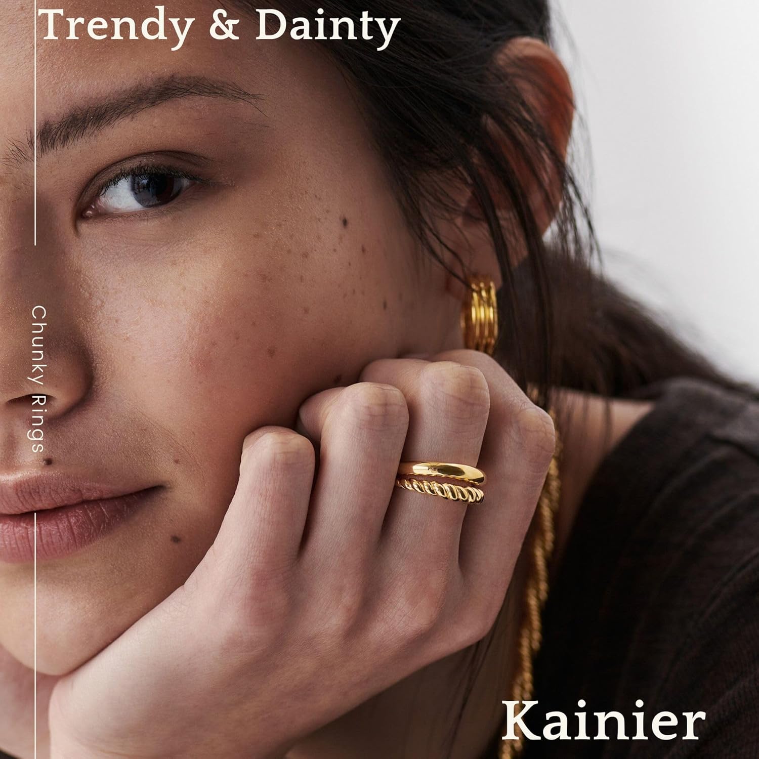 Kainier 14K Gold Chunky Rings for Women14K Gold Plated Dainty Radial Rings High Polish Statement Band Classic Double Twisted Ring Comfort Fit Size 5 to 10 - Image 7