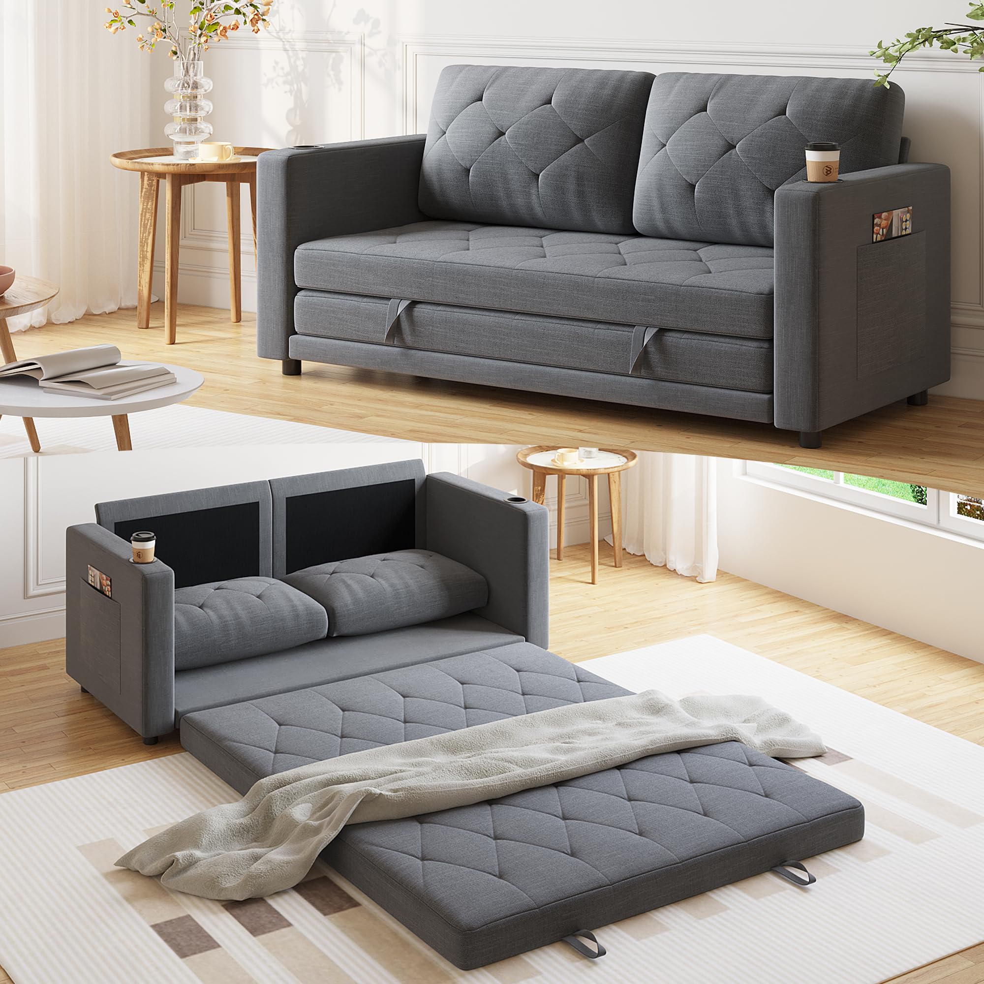 Lvifur3-in-1 Loveseat Sleeper Sofa, Pull Out Sleeper Couch Full Size, Foldable Futon Sofa Bed for Small Space, Convertible Floor Couch with Side Pockets for Living Room (Light Grey)