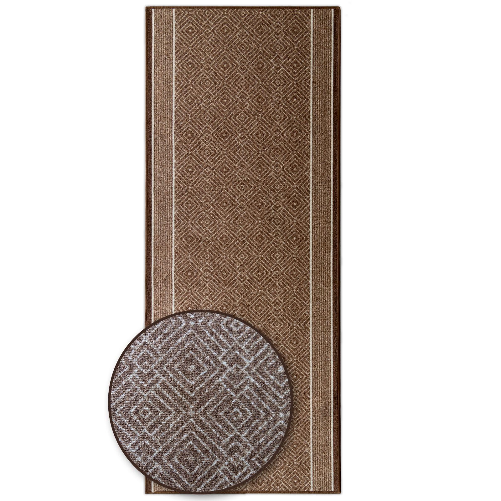 Floordirekt Olympus Brown Carpet Runner With Pattern - Custom-Made Fine Loop Rug Runner For Kitchen, Hallway & Living Room - Ornamental Vintage Oriental Grid (80 X 450 Cm, )